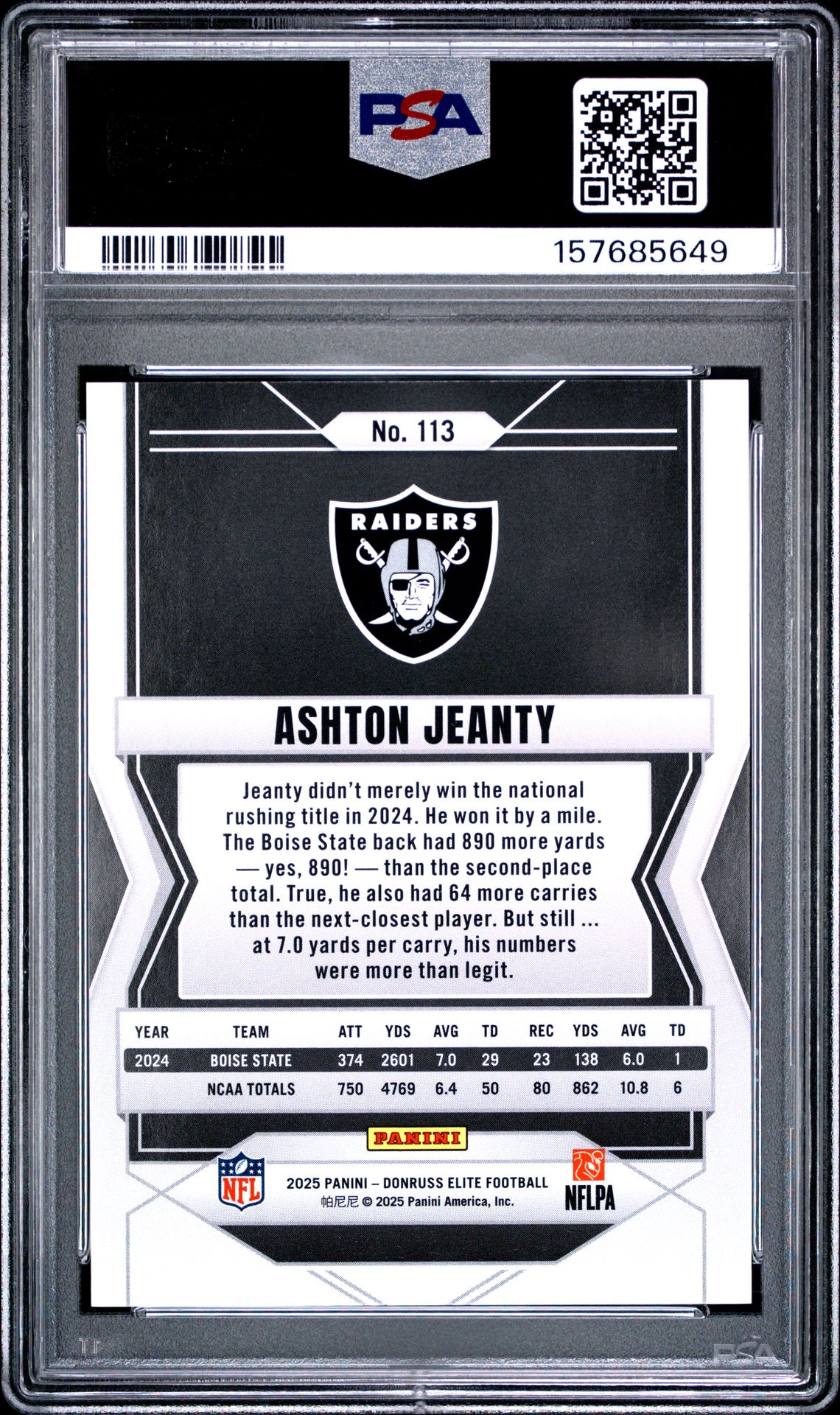 2025 Panini Donruss Elite Ashton Jeanty #113 (Razzle Dazzle) Gem Mt 10 back