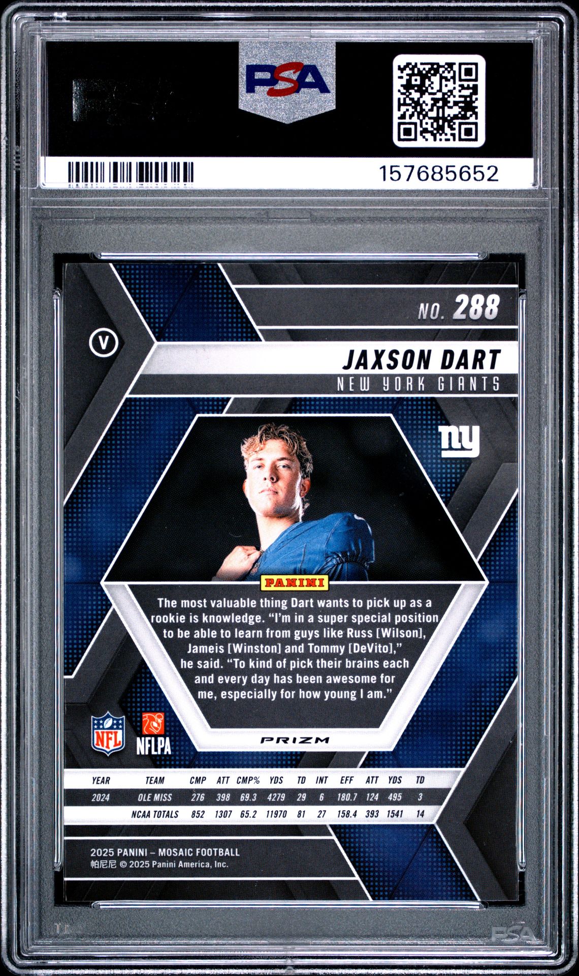 2025 Panini Mosaic Jaxson Dart #288 (Green) Gem Mt 10 back view - PSA certificate #157685652