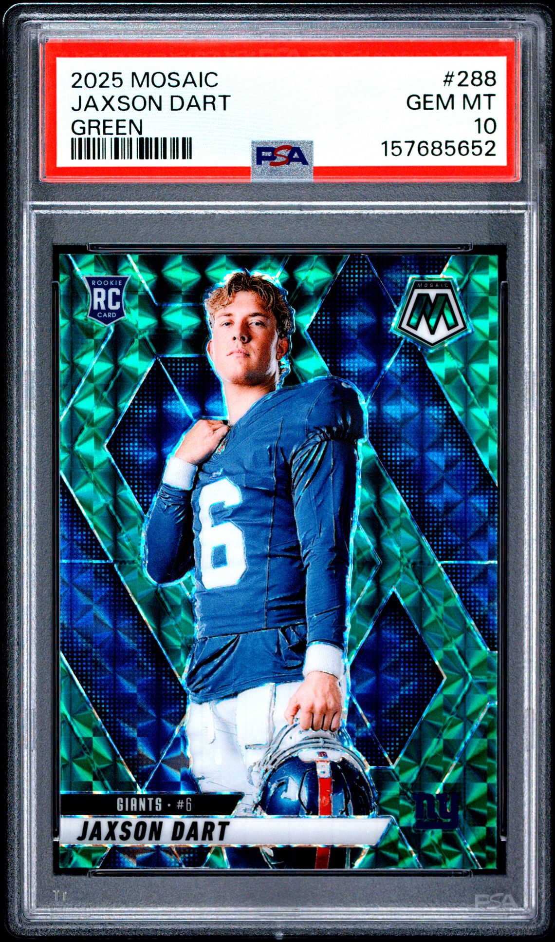 2025 Panini Mosaic Jaxson Dart #288 (Green) Gem Mt 10 front view - PSA graded GEM MT 10