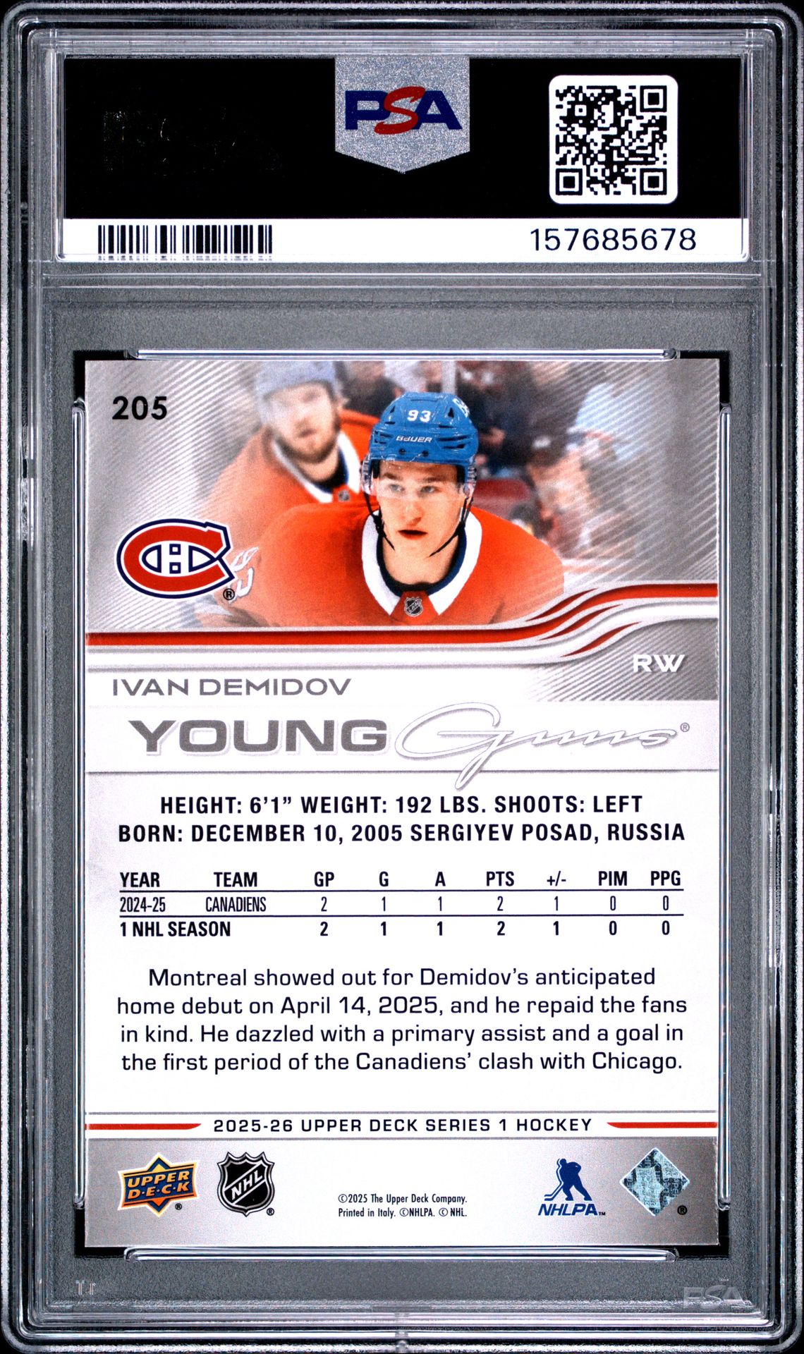 2025 Upper Deck Ivan Demidov #205 Mint 9 back
