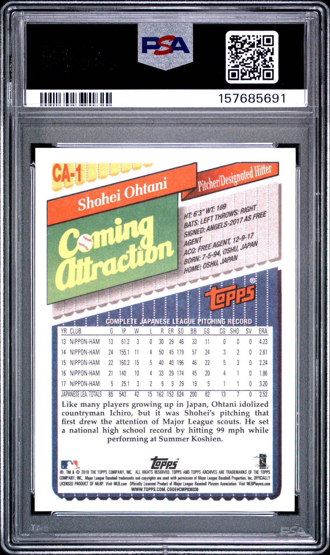 2018 Topps Archives 1993 Coming Attraction Shohei Ohtani #Ca1 (1993 Coming Attraction) Gem Mt 10 back