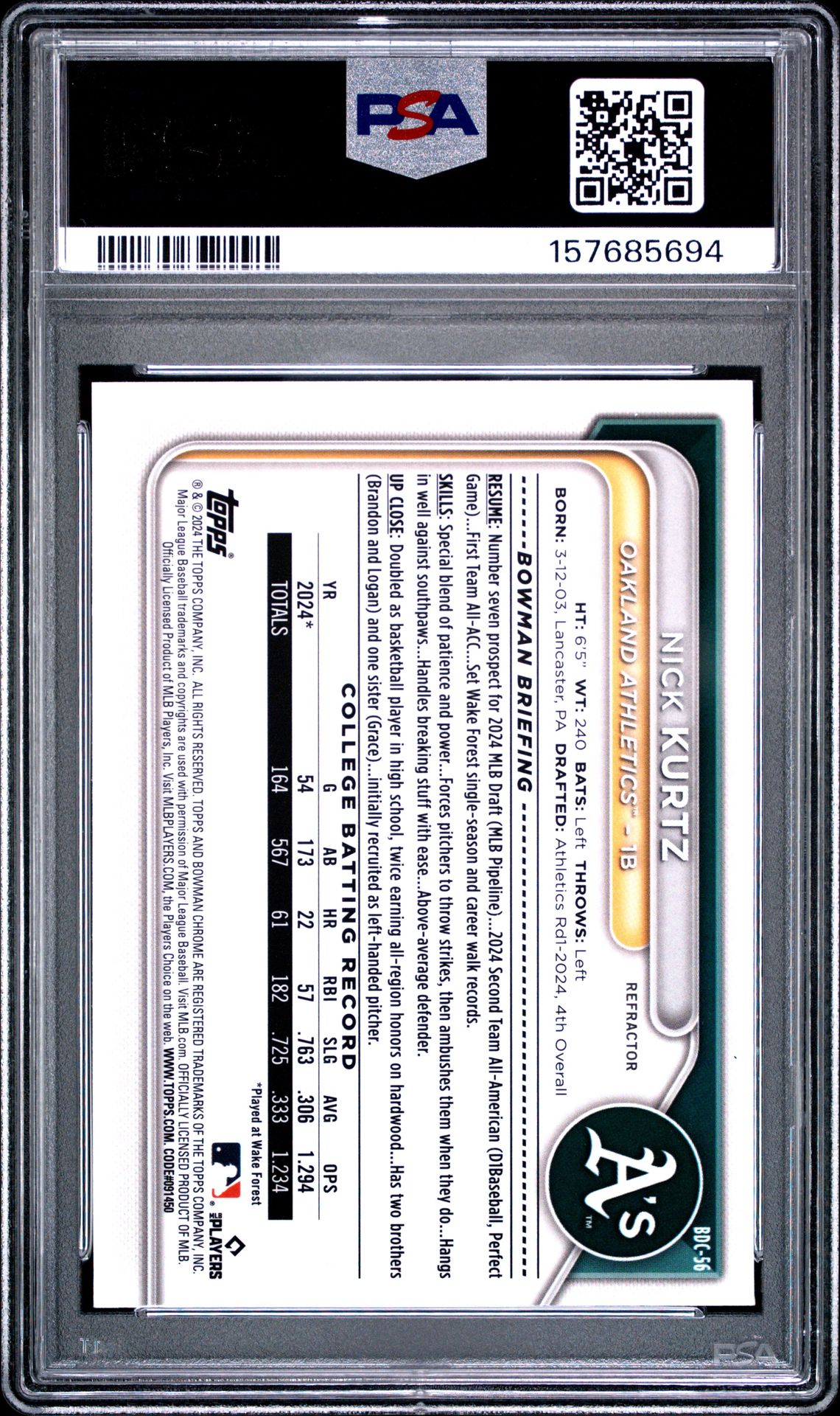 2024 Bowman Draft Nick Kurtz #Bdc56 (Chrome-Refractor) Mint 9 back