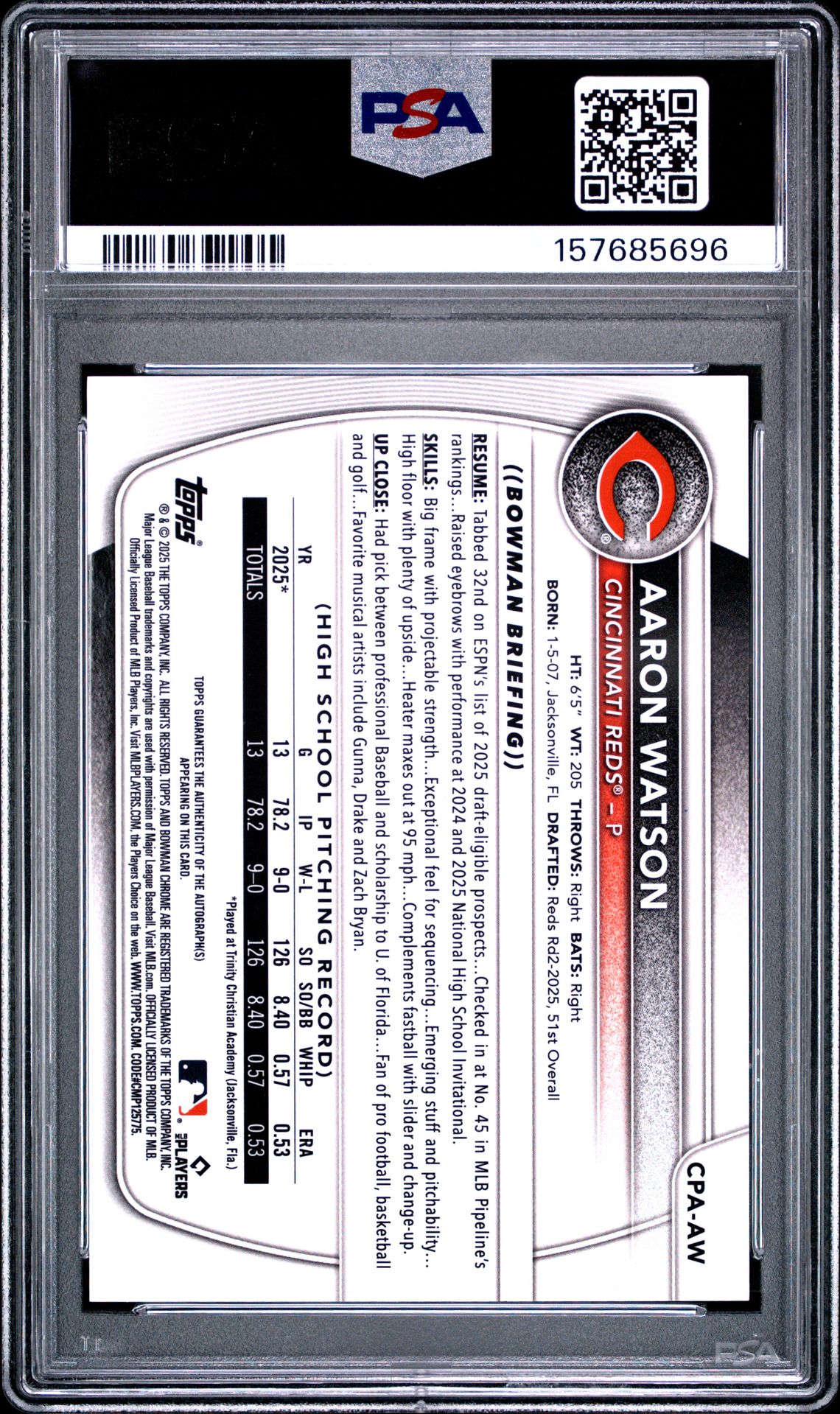 2025 Bowman Draft Chrome Prospect Autographs Aaron Watson #Cpa-Aw (Chr Prospect Au-Gold Wave) Gem Mt 10 back