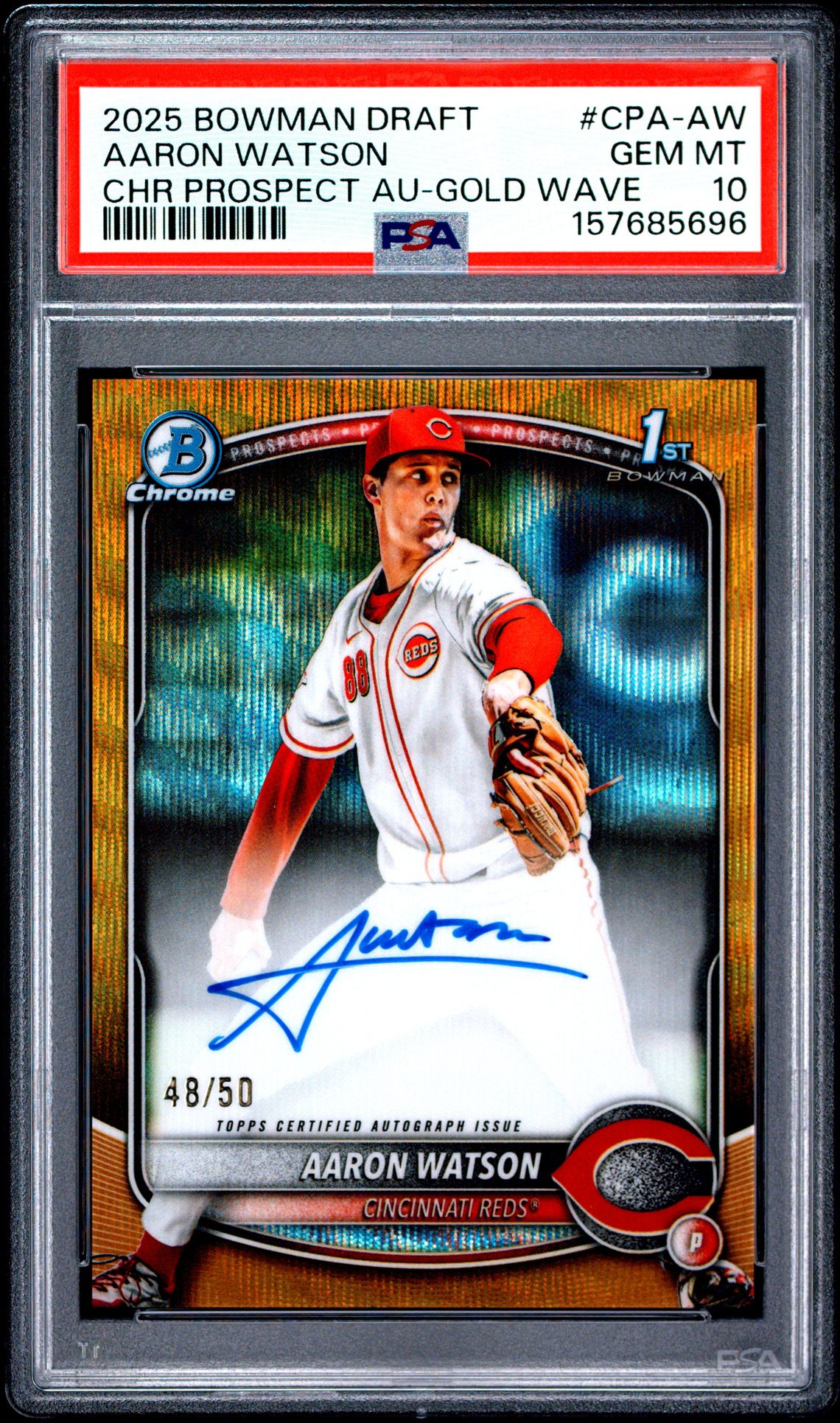 2025 Bowman Draft Chrome Prospect Autographs Aaron Watson #Cpa-Aw (Chr Prospect Au-Gold Wave) Gem Mt 10 front