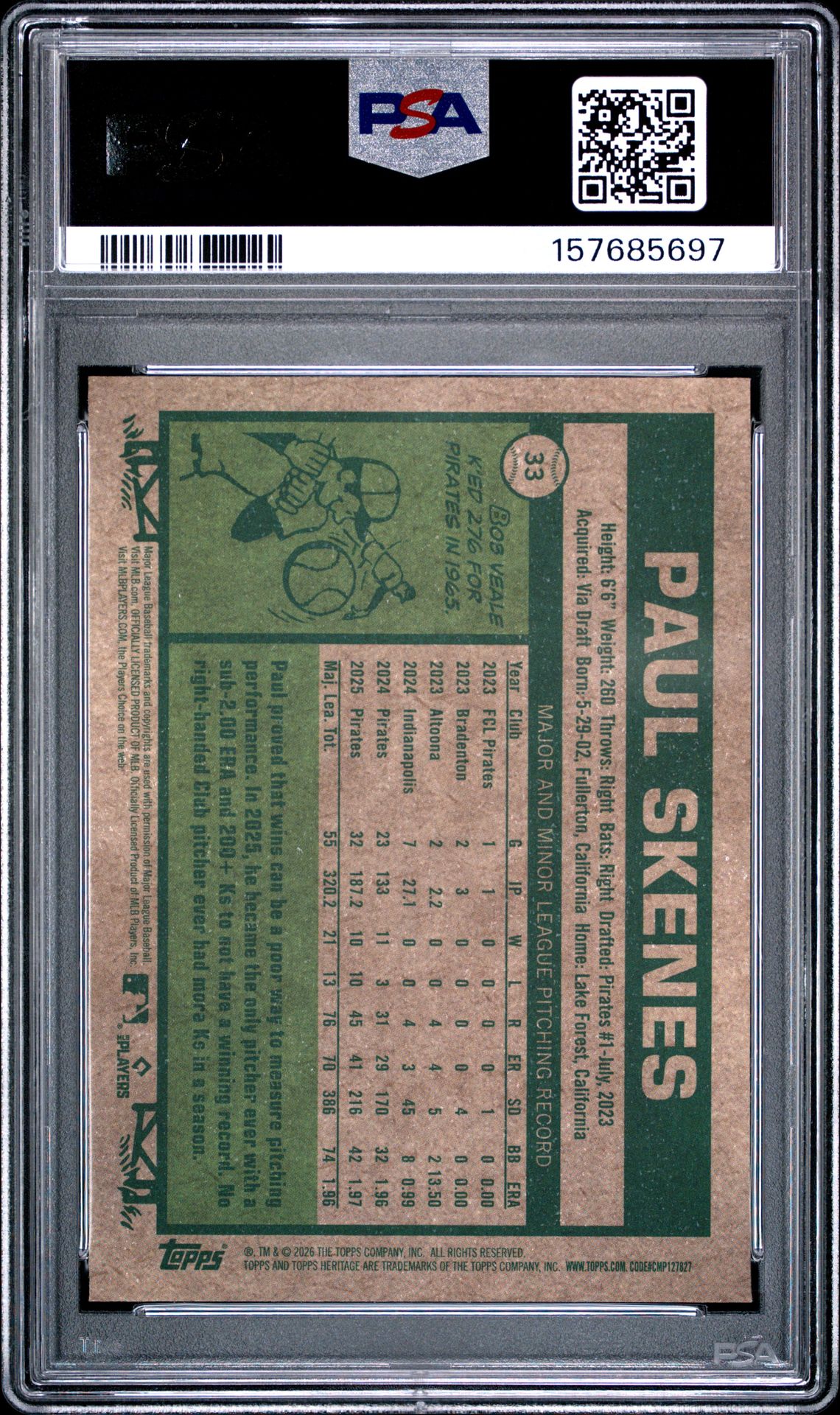 2026 Topps Heritage Paul Skenes #33 (Chrome-Light Blue Sparkle) Nm-Mt 8 back