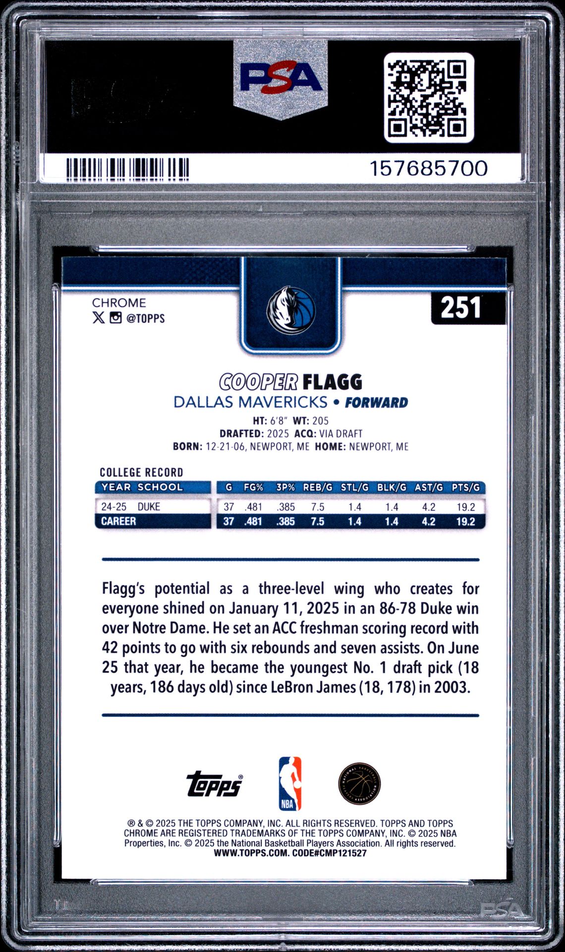 2025 Topps Chrome Cooper Flagg #251 Mint 9 back