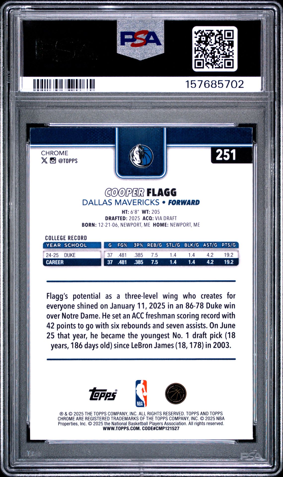 2025 Topps Chrome Cooper Flagg #251 Mint 9 back