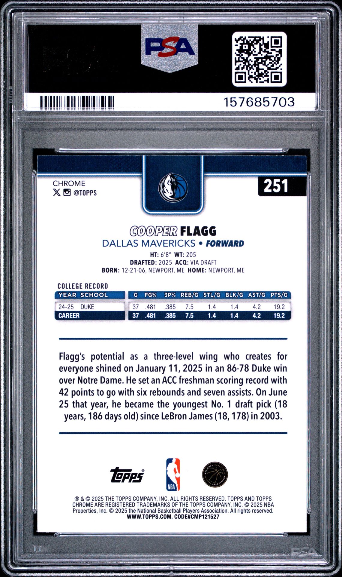 2025 Topps Chrome Cooper Flagg #251 Gem Mt 10 back
