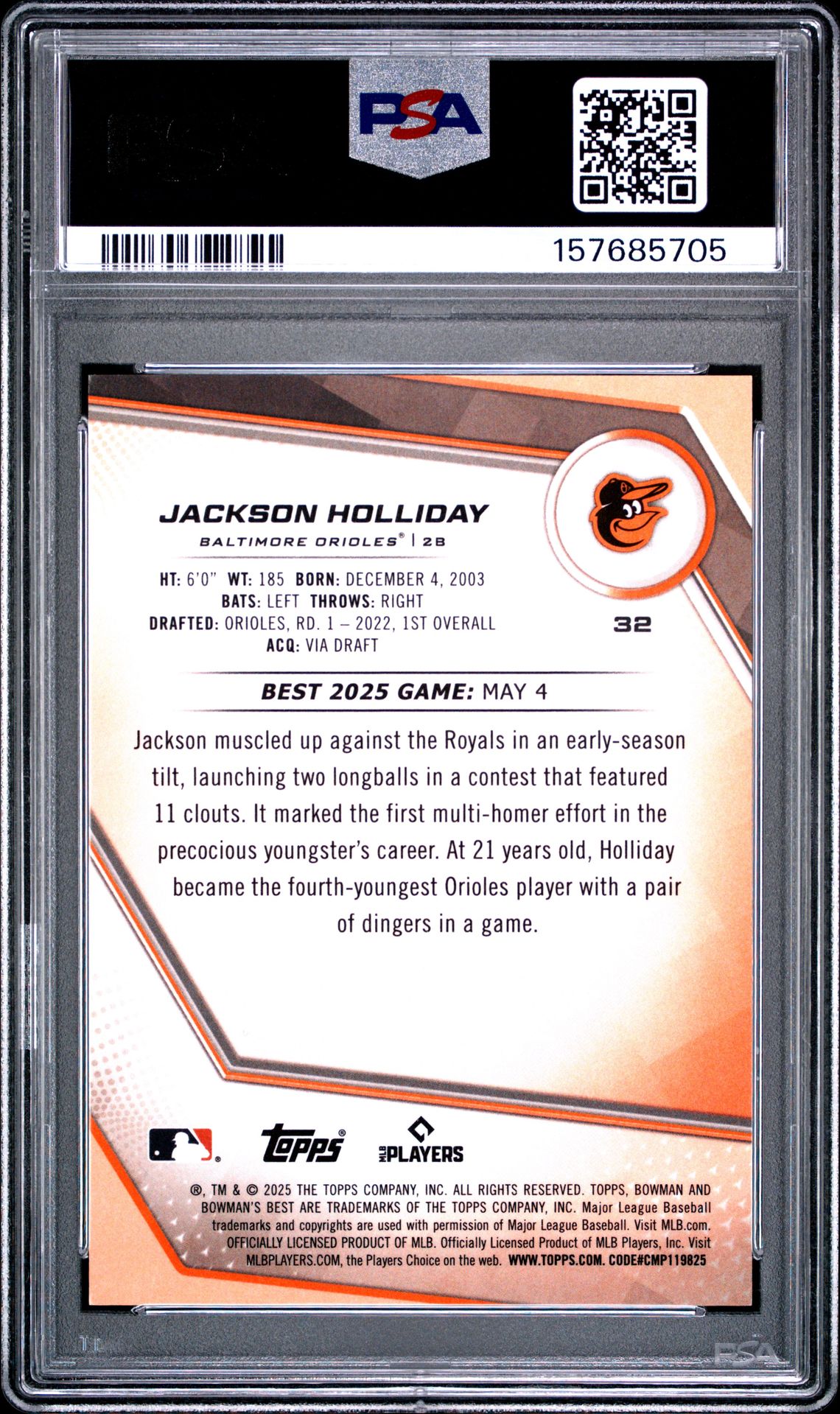 2025 Bowman's Best Jackson Holliday #32 (Orange Refractor) Gem Mt 10 back