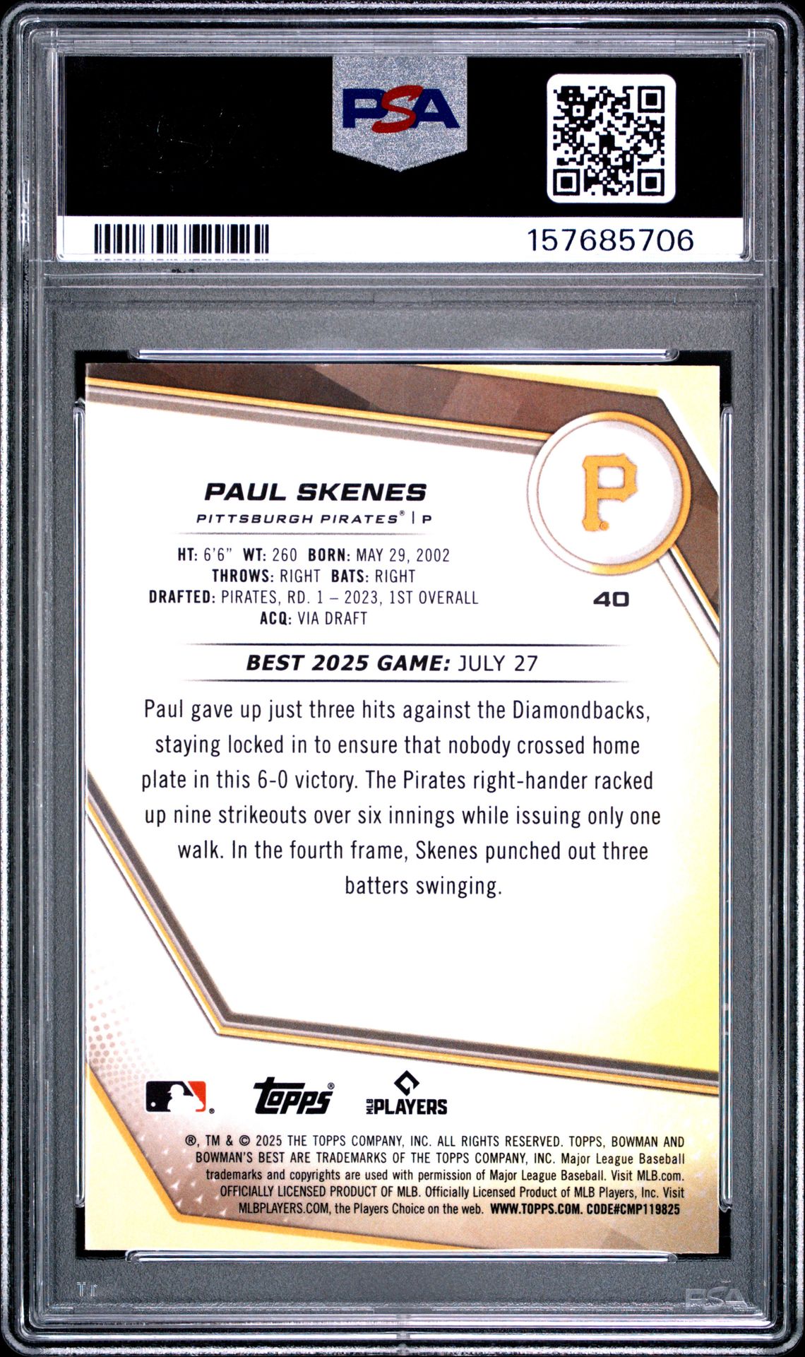 2025 Bowman's Best Paul Skenes #40 (Lazer Refractor) Gem Mt 10 back
