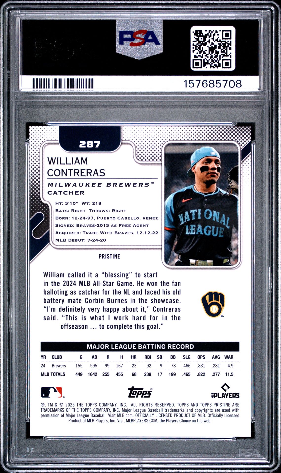 2025 Topps Pristine William Contreras #287 (Orange Pristine) Gem Mt 10 back