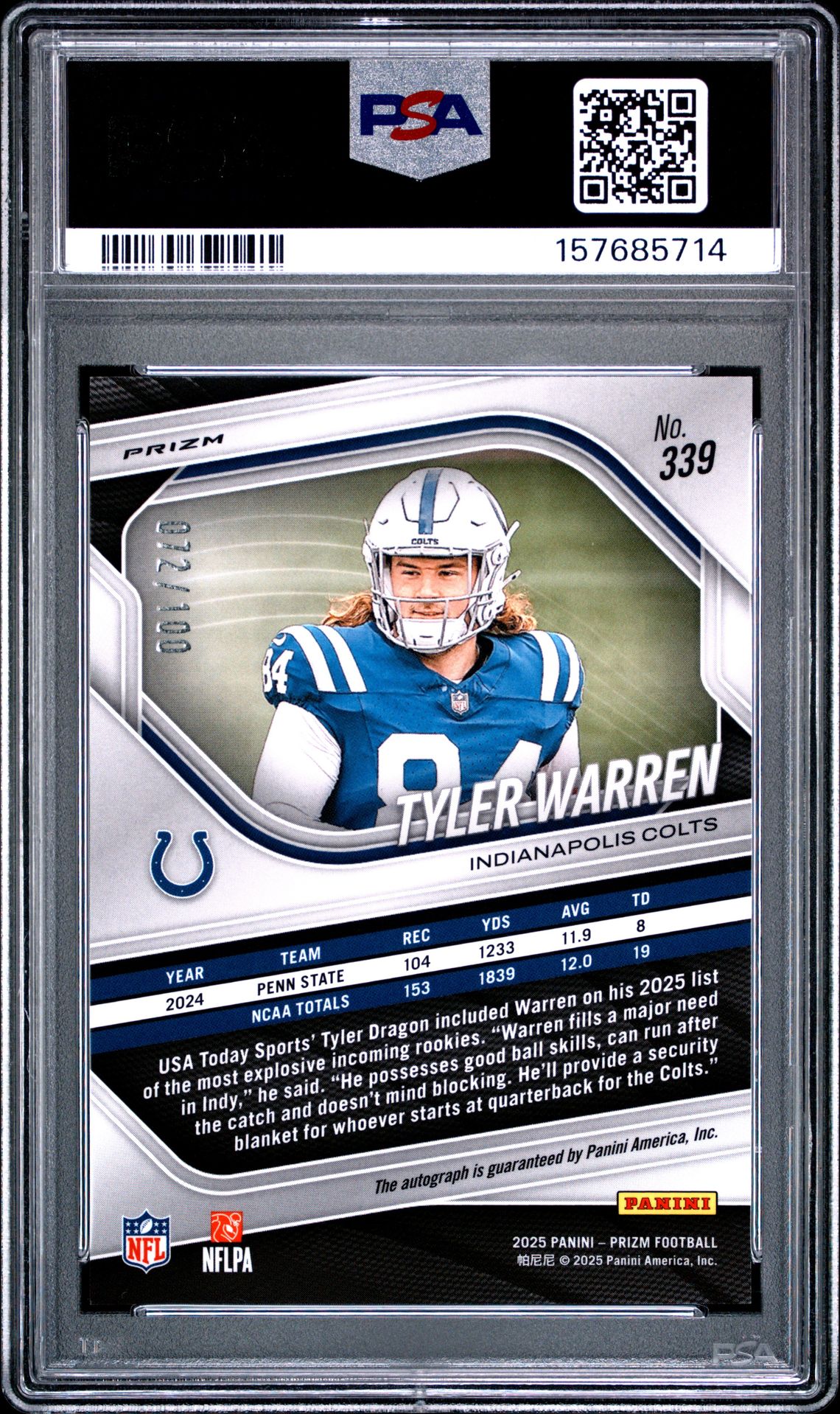 2025 Panini Prizm Tyler Warren #339 (Autograph-Choice) Mint 9 back