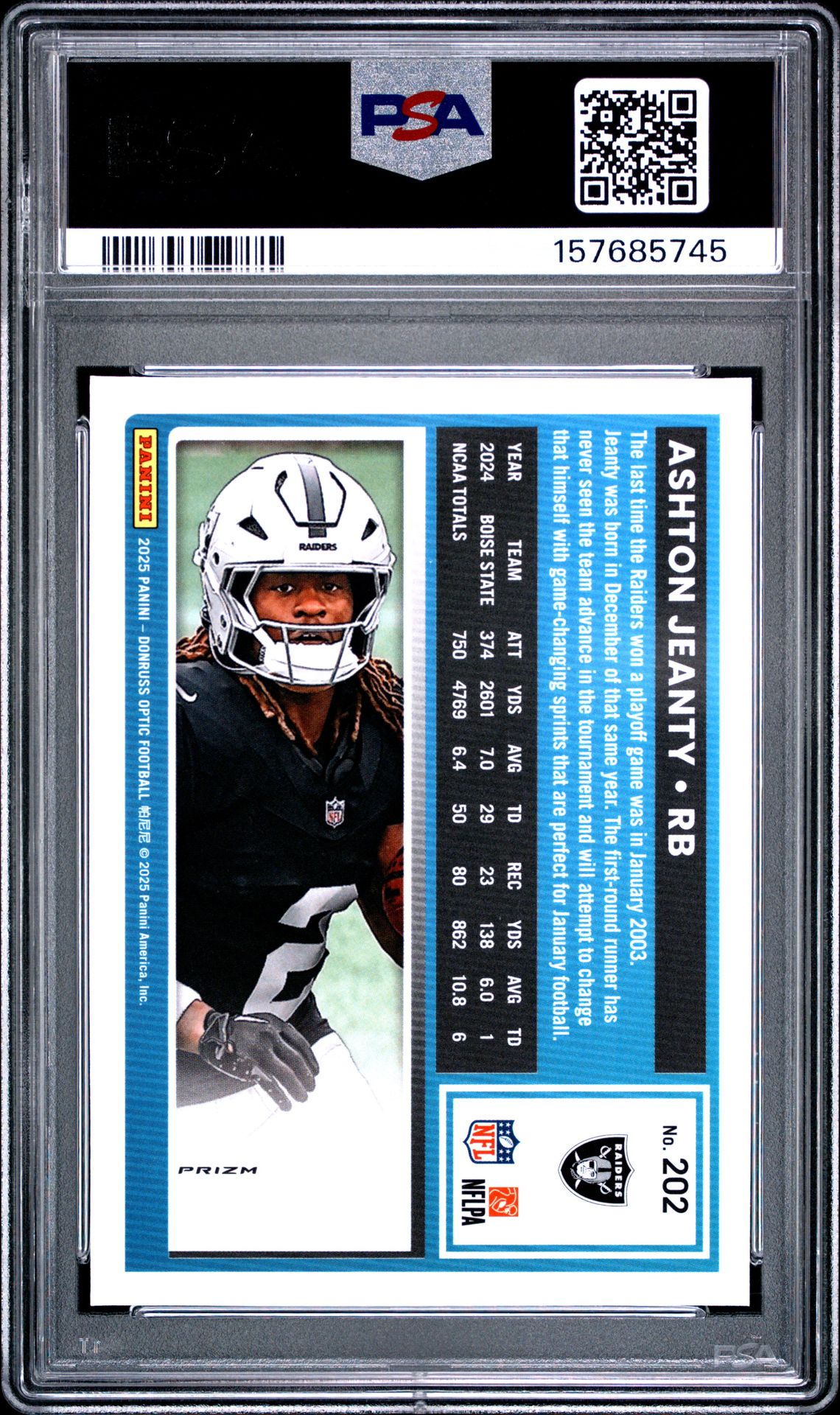 2025 Panini Donruss Optic Ashton Jeanty #202 (Purple Shock) Mint 9 back