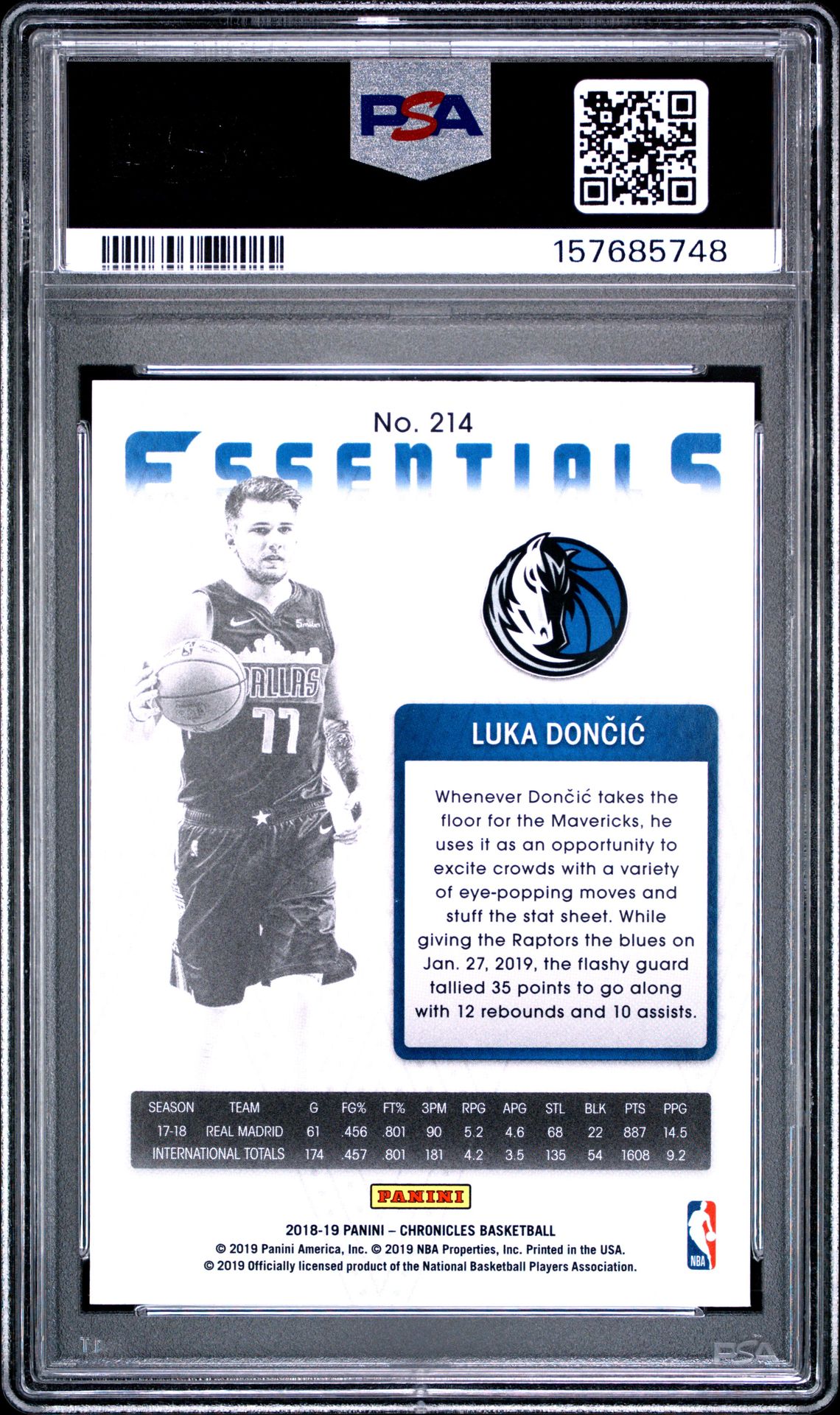 2018 Panini Chronicles Luka Doncic #214 Mint 9 back