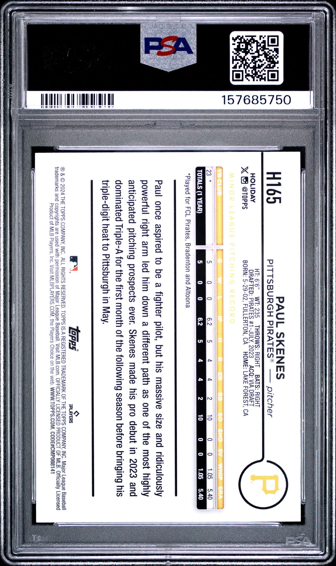 2024 Topps Holiday Paul Skenes #H165 (Silver Glitter) Mint 9 back