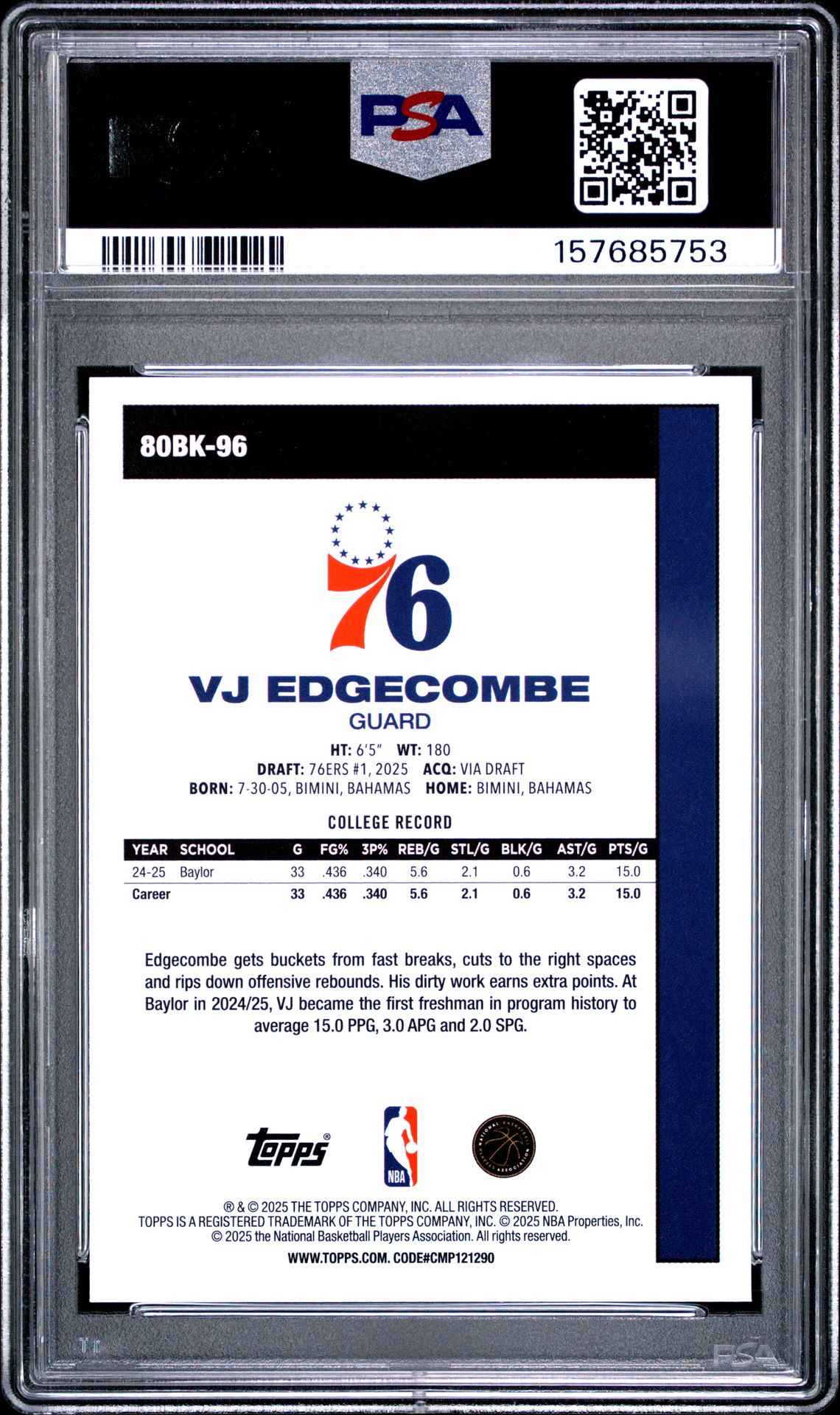 2025 Topps 1980-81 Topps Basketball Vj Edgecombe #80Bk-96 Mint 9 back