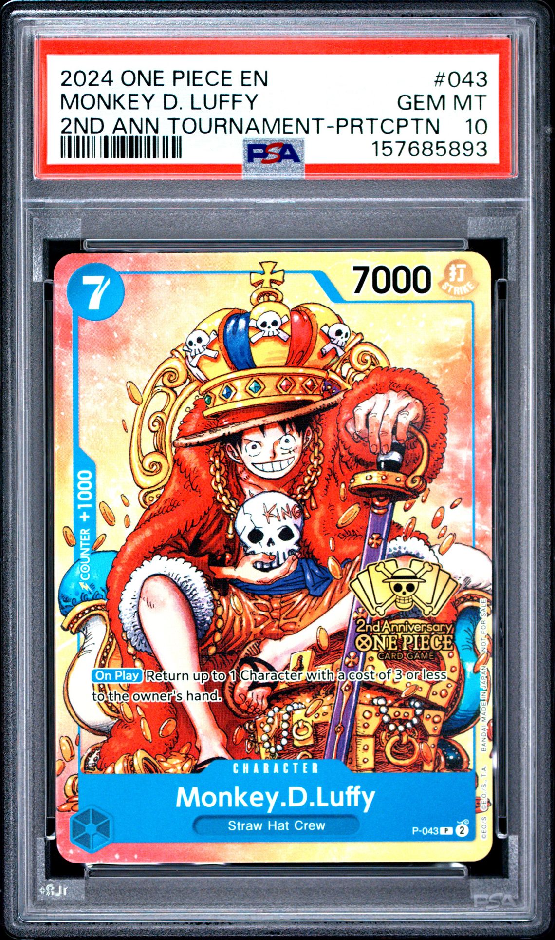 2024 One Piece Promos Monkey D. Luffy #043 (2Nd Ann Tournament-Prtcptn) Gem Mt 10 front view - PSA graded GEM MT 10