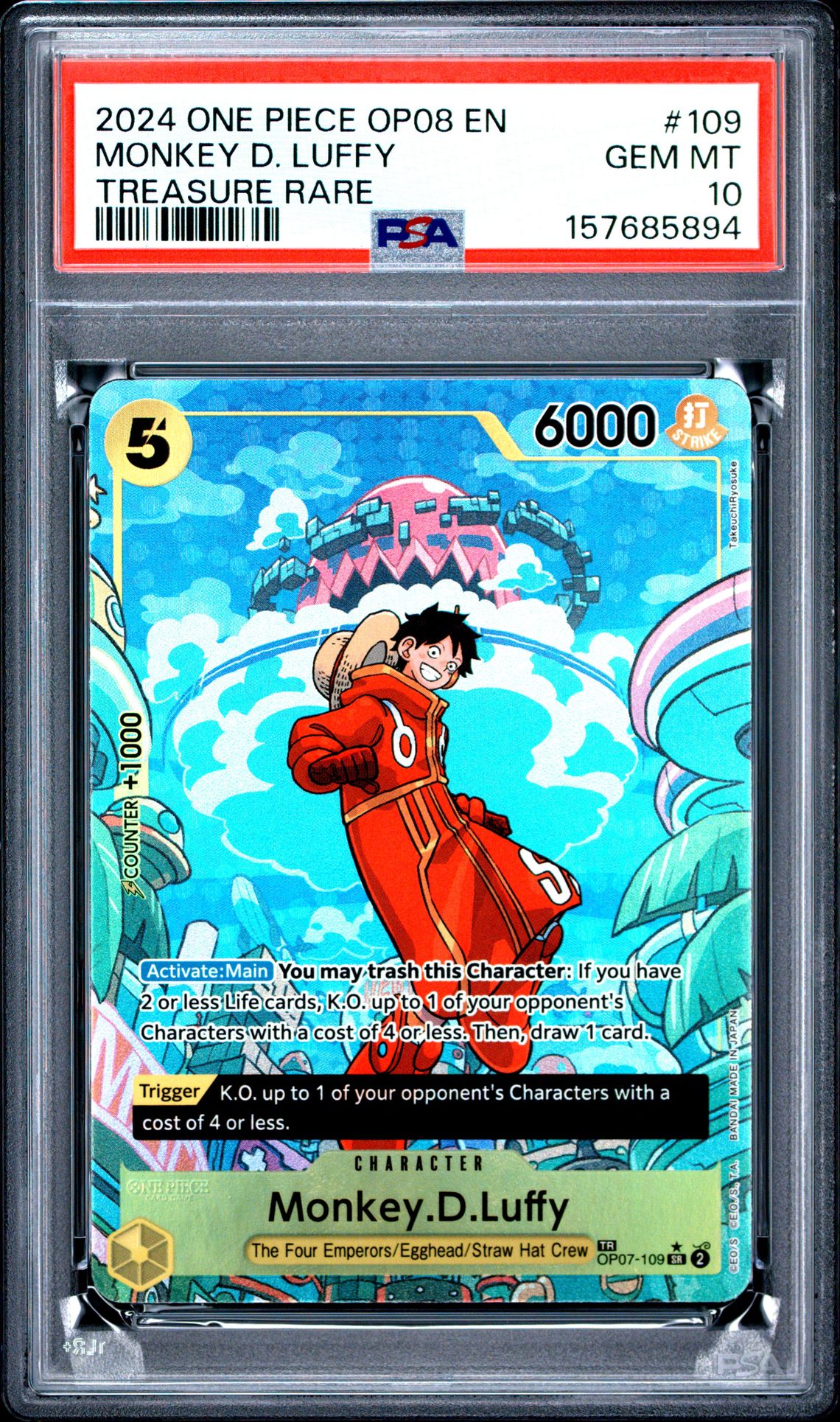 2024 ONE PIECE OP08-TWO LEGENDS MONKEY D. LUFFY TREASURE RARE 109 GEM MT 10 front