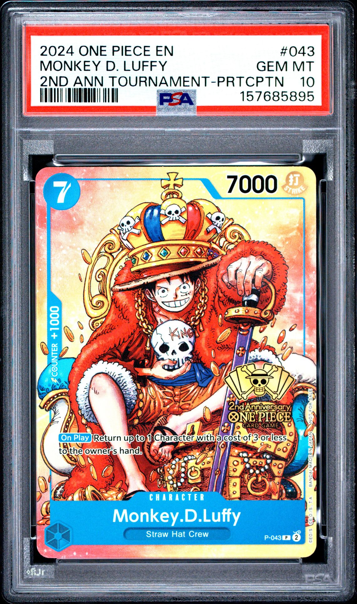 2024 One Piece Promos Monkey D. Luffy #043 (2Nd Ann Tournament-Prtcptn) Gem Mt 10 front view - PSA graded GEM MT 10
