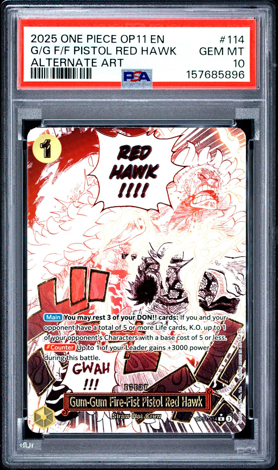 2025 One Piece Op11-A Fist Of Divine Speed G/G F/F Pistol Red Hawk #114 (Alternate Art) Gem Mt 10 front view - PSA graded GEM MT 10