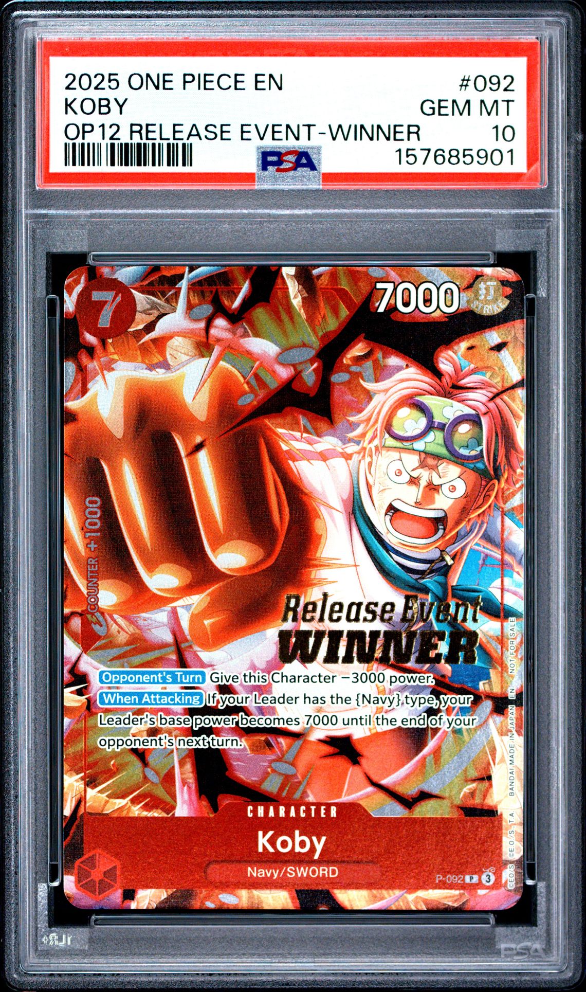 2025 One Piece Promos Koby #092 (Op12 Release Event-Winner) Gem Mt 10 front view - PSA graded GEM MT 10
