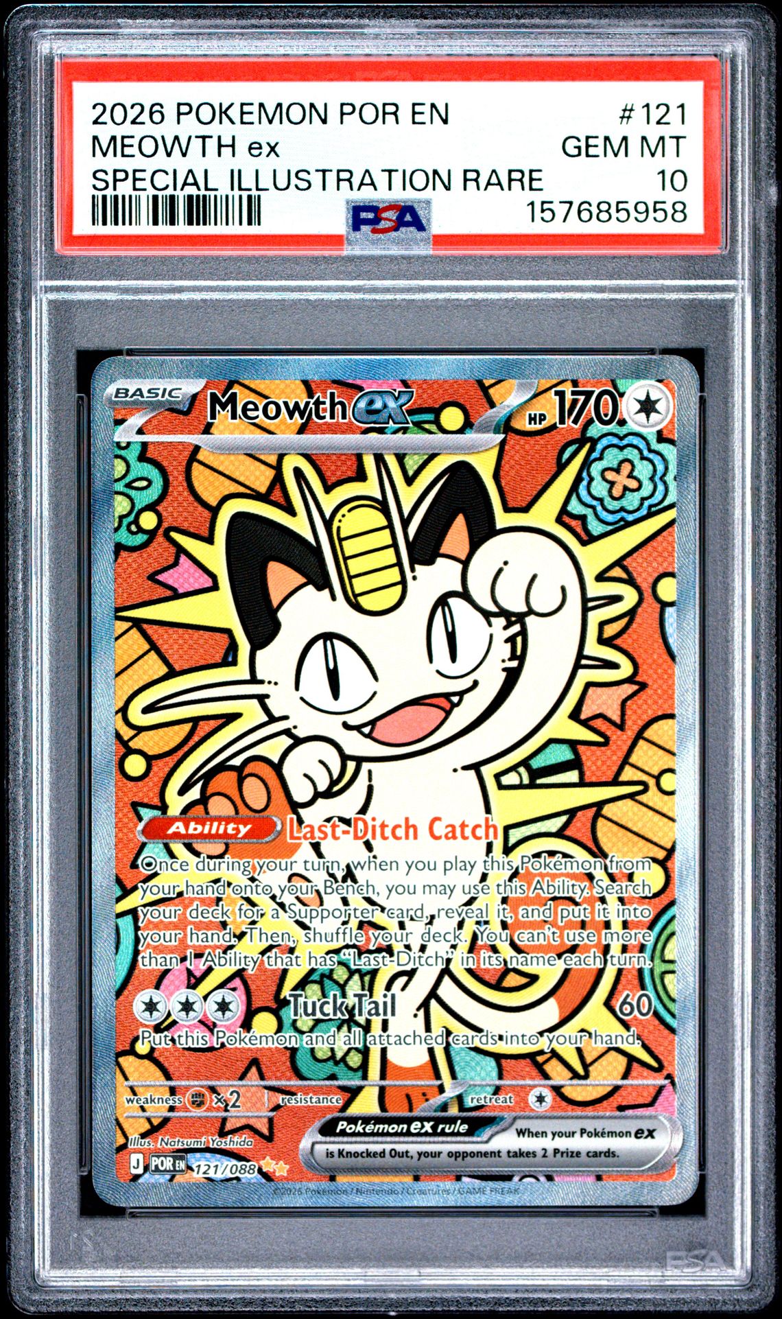 2026 Pokemon Por En-Perfect Order Meowth Ex #121 (Special Illustration Rare) Gem Mt 10 front view - PSA graded GEM MT 10