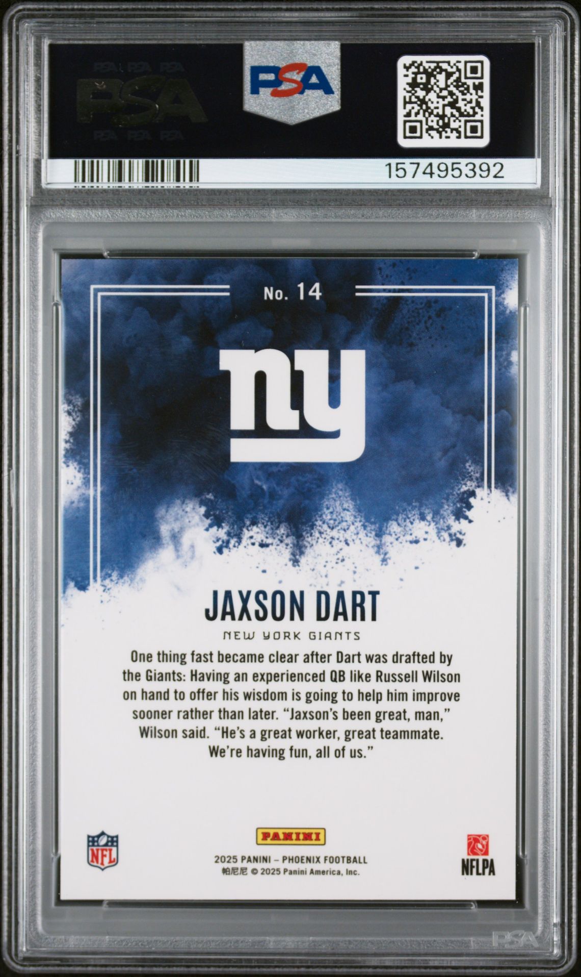 2025 Panini Phoenix Color Blast Jaxson Dart #14 Mint 9 back