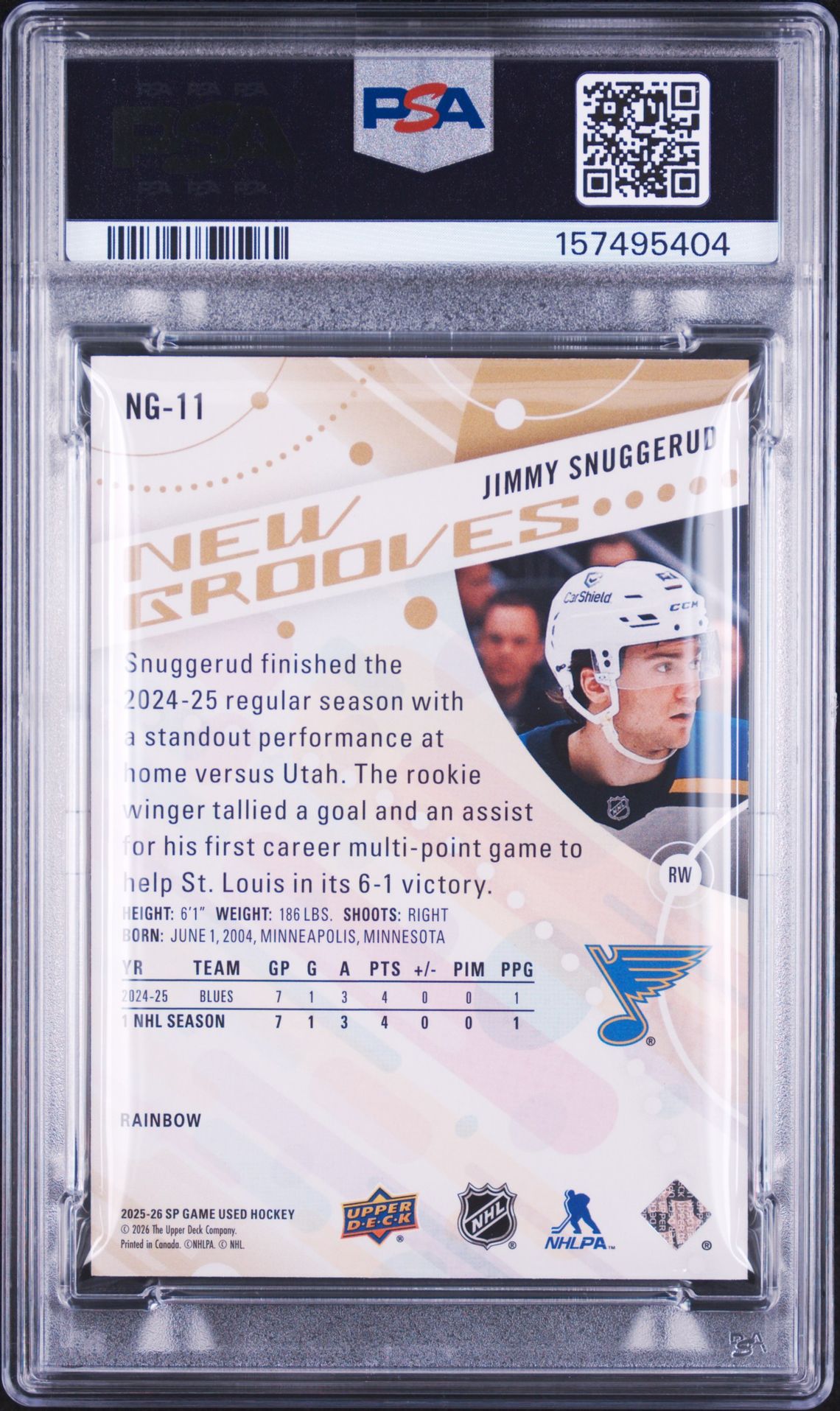 2025 Upper Deck Sp Game Used New Grooves Jimmy Snuggerud #Ng-11 (New Grooves-Rainbow) Gem Mt 10 back view - PSA certificate #157495404
