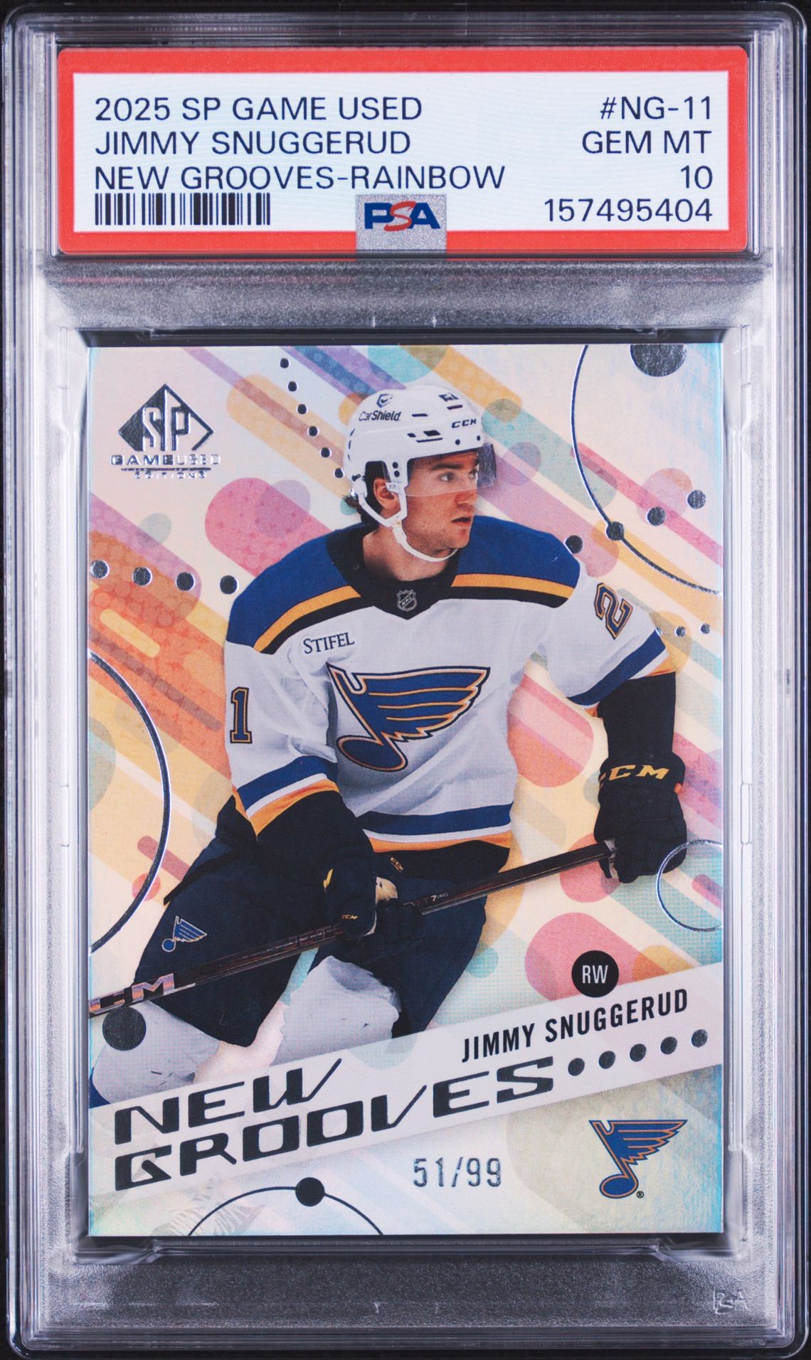 2025 Upper Deck Sp Game Used New Grooves Jimmy Snuggerud #Ng-11 (New Grooves-Rainbow) Gem Mt 10 front view - PSA graded GEM MT 10