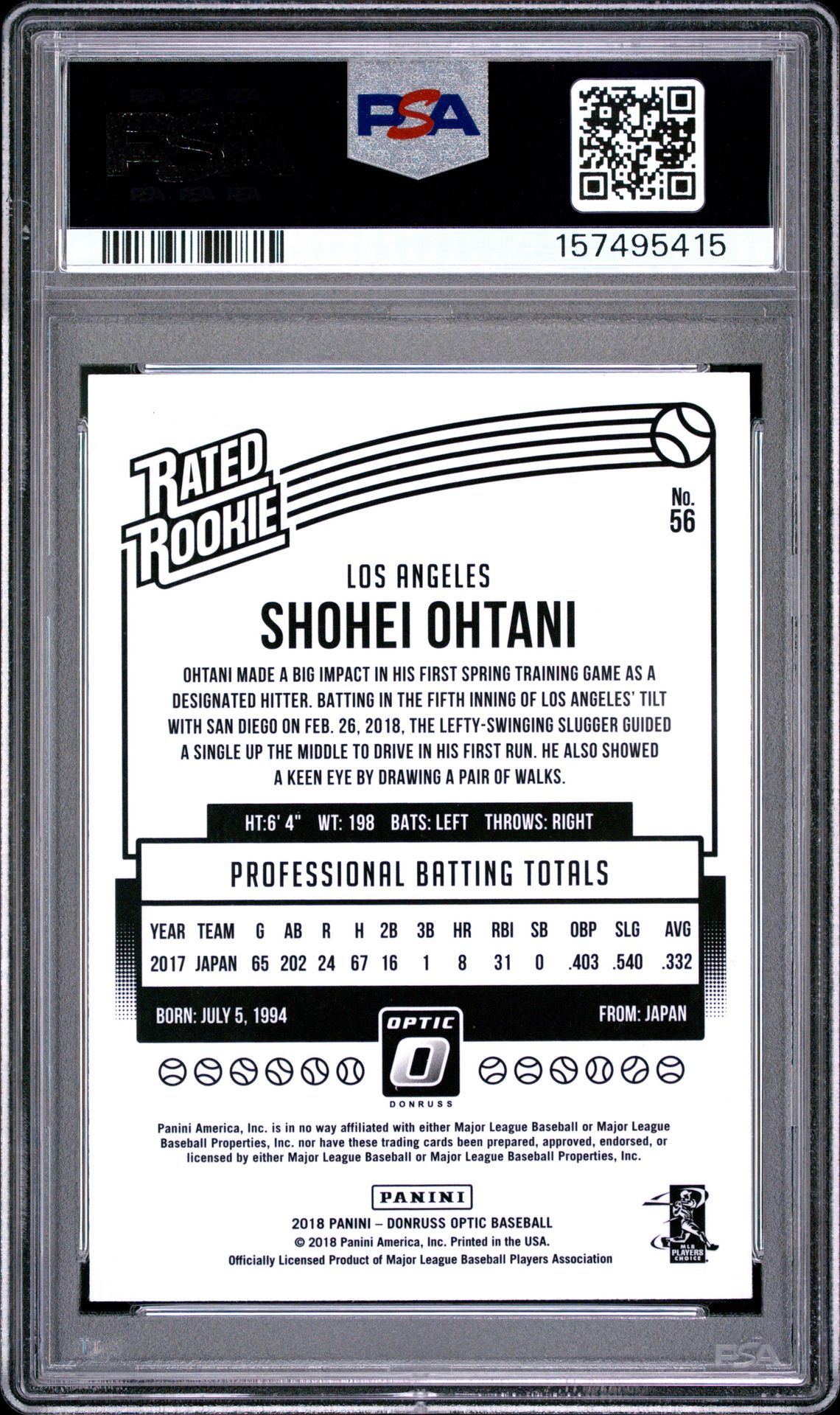 2018 Panini Donruss Optic Shohei Ohtani #56 Nm-Mt 8 back