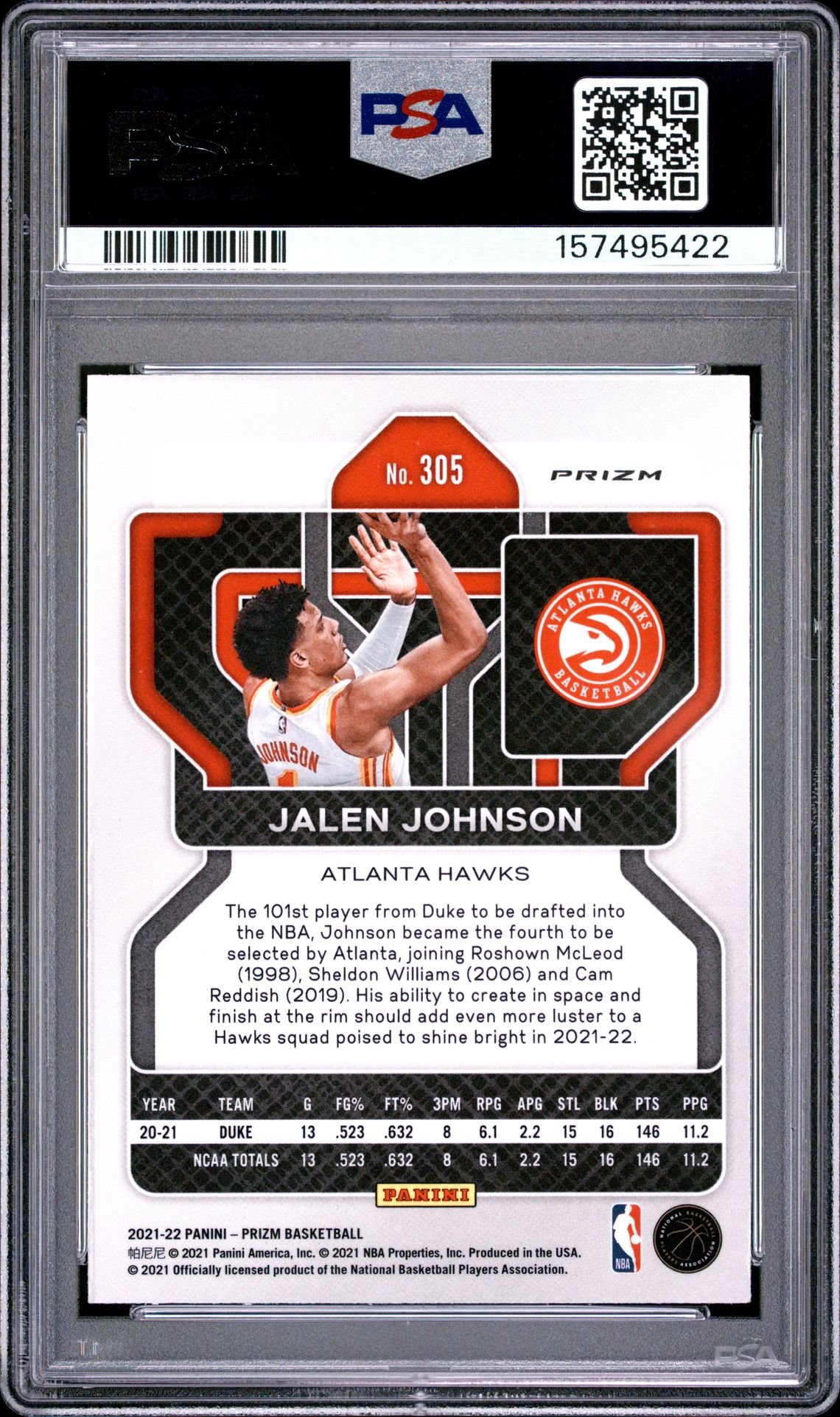 2021 Panini Prizm Factory Set Jalen Johnson #305 (Factory Set) Mint 9 back