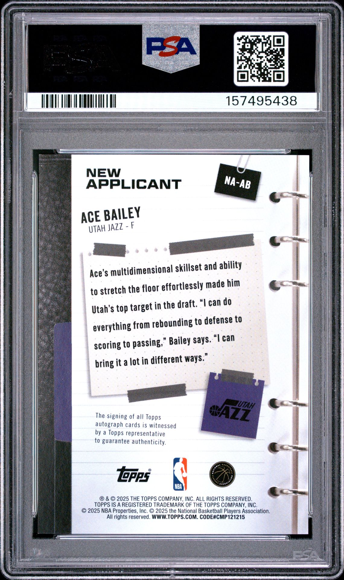 2025 Topps New Applicant Autographs Ace Bailey #Na-Ab (New Applicant Au-Holo Foil) Mint 9 back