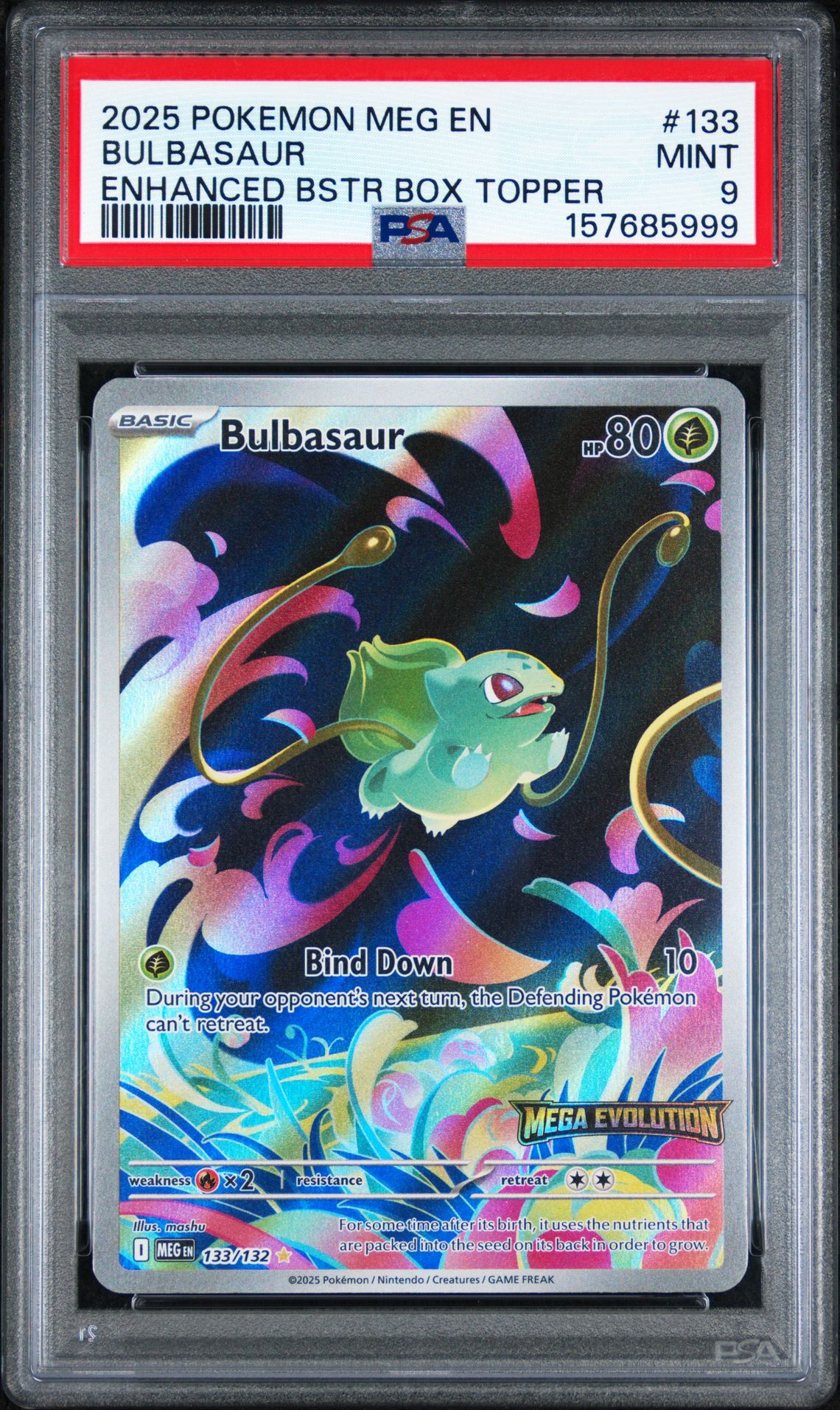 2025 Pokemon Meg En-Mega Evolution Bulbasaur #133 (Enhanced Bstr Box Topper) Mint 9 front