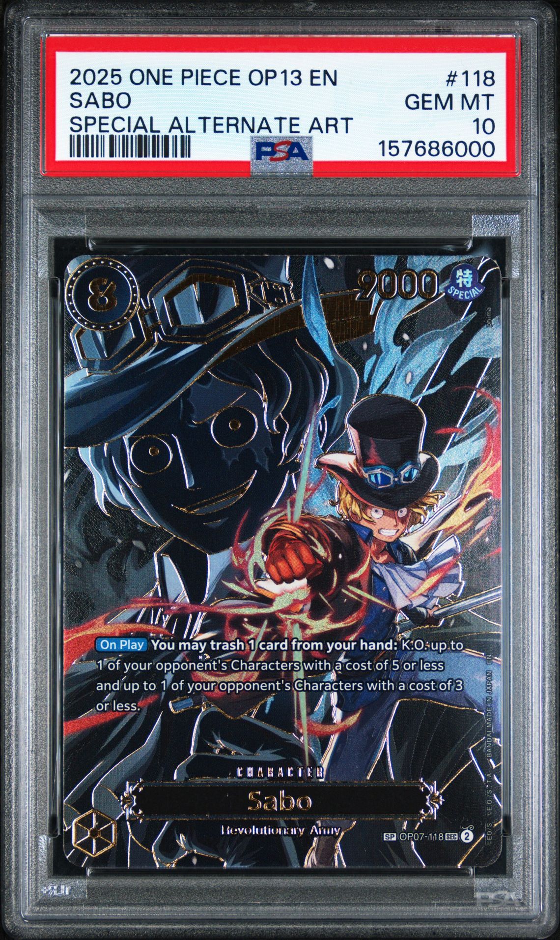 2025 One Piece Op13-Carrying On His Will Sabo #118 (Special Alternate Art) Gem Mt 10 front view - PSA graded GEM MT 10