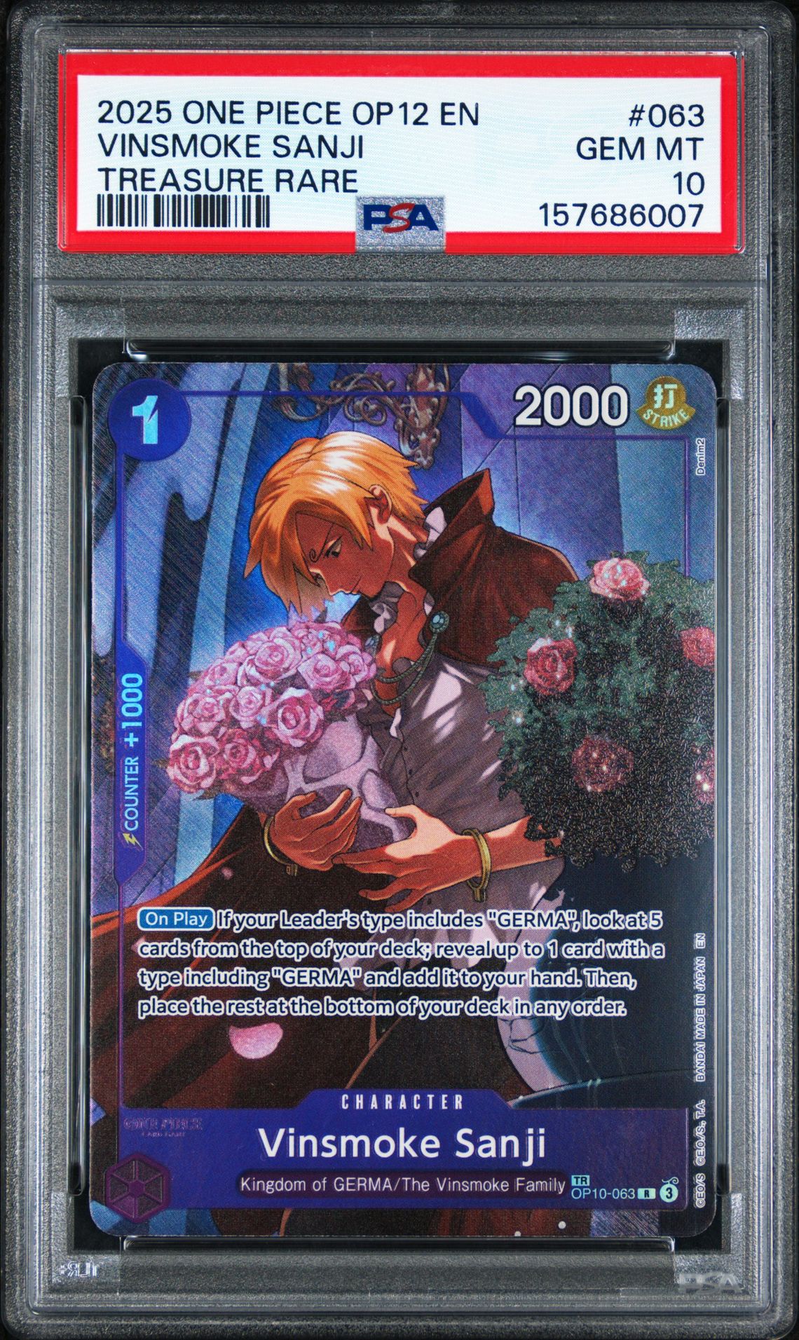 2025 One Piece Op12-Legacy Of The Master Vinsmoke Sanji #063 (Treasure Rare) Gem Mt 10 front view - PSA graded GEM MT 10