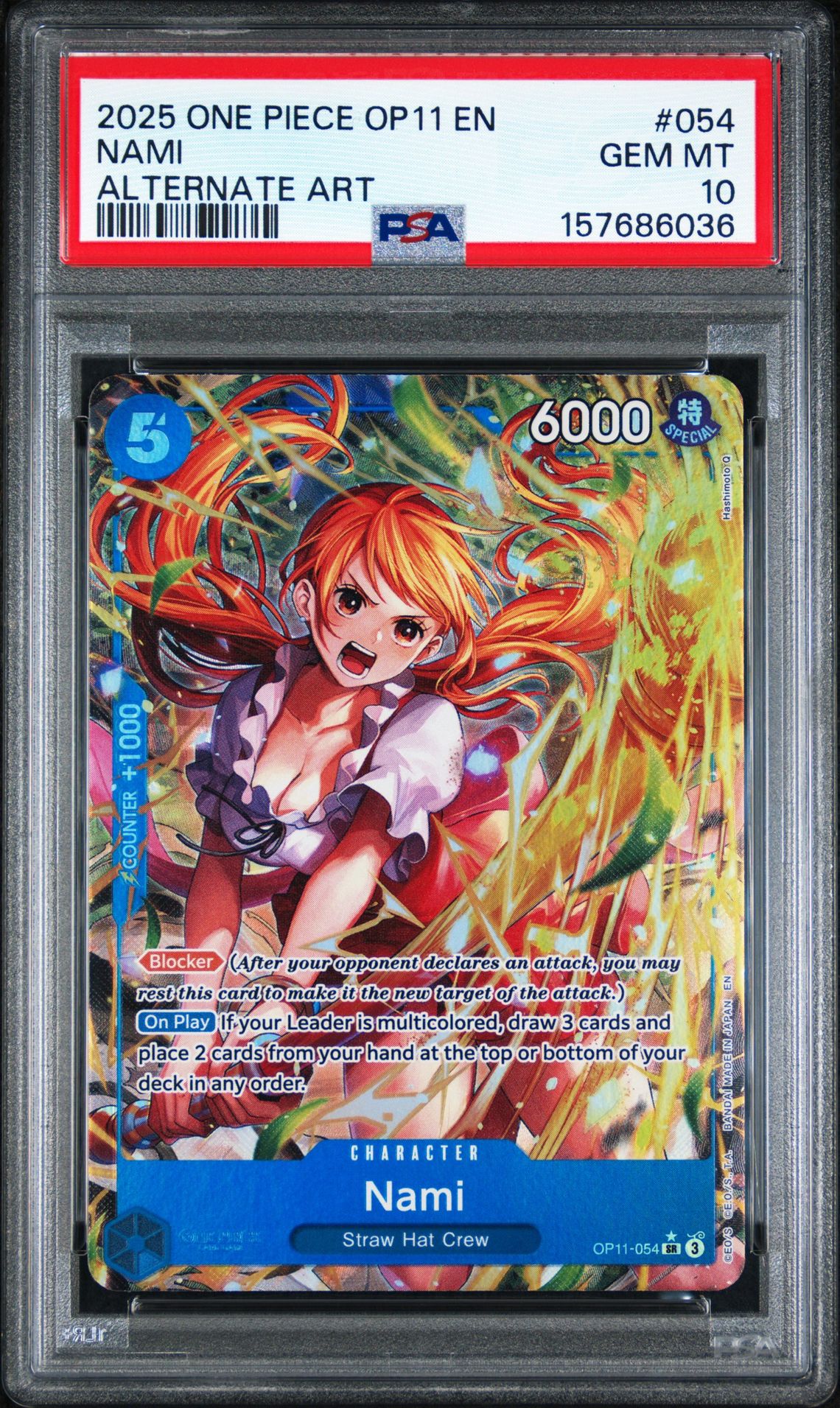 2025 One Piece Op11-A Fist Of Divine Speed Nami #054 (Alternate Art) Gem Mt 10 front view - PSA graded GEM MT 10