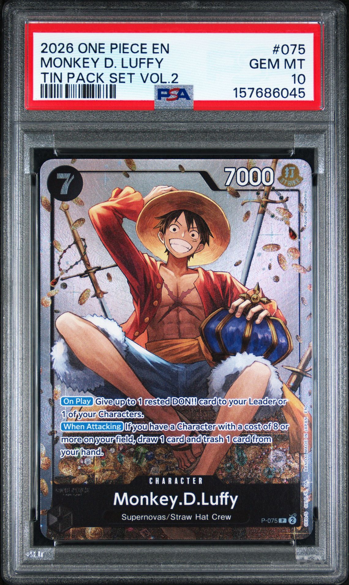 2026 One Piece Promos Monkey D. Luffy #075 (Tin Pack Set Vol.2) Gem Mt 10 front view - PSA graded GEM MT 10