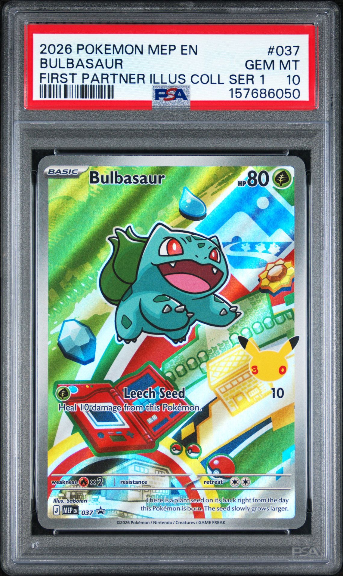 2026 Pokemon Mep En-Me Black Star Promo Bulbasaur #037 (First Partner Illus Coll Ser 1) Gem Mt 10 front view - PSA graded GEM MT 10
