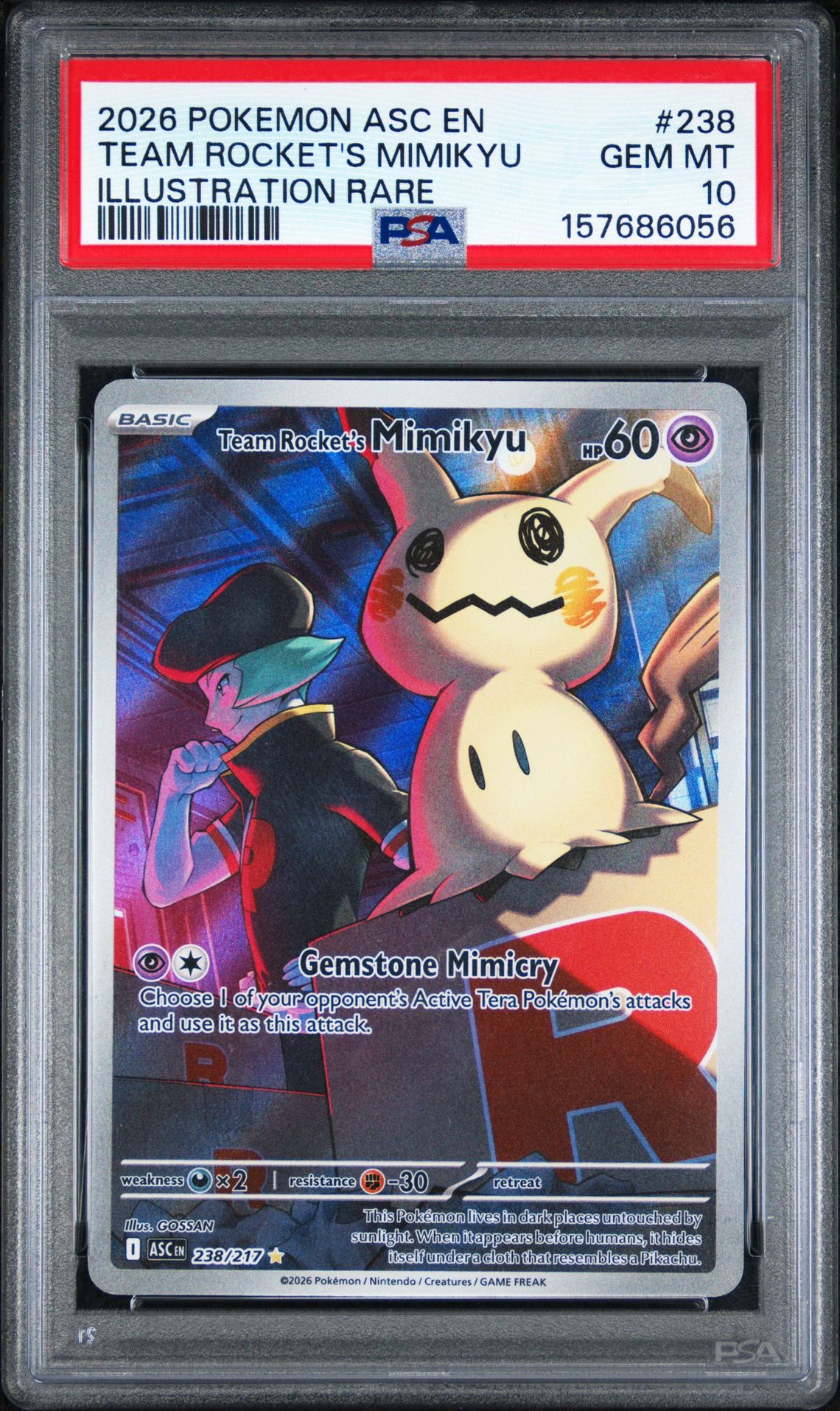 2026 Pokemon Asc En-Ascended Heroes Team Rocket's Mimikyu #238 (Illustration Rare) Gem Mt 10 front view - PSA graded GEM MT 10