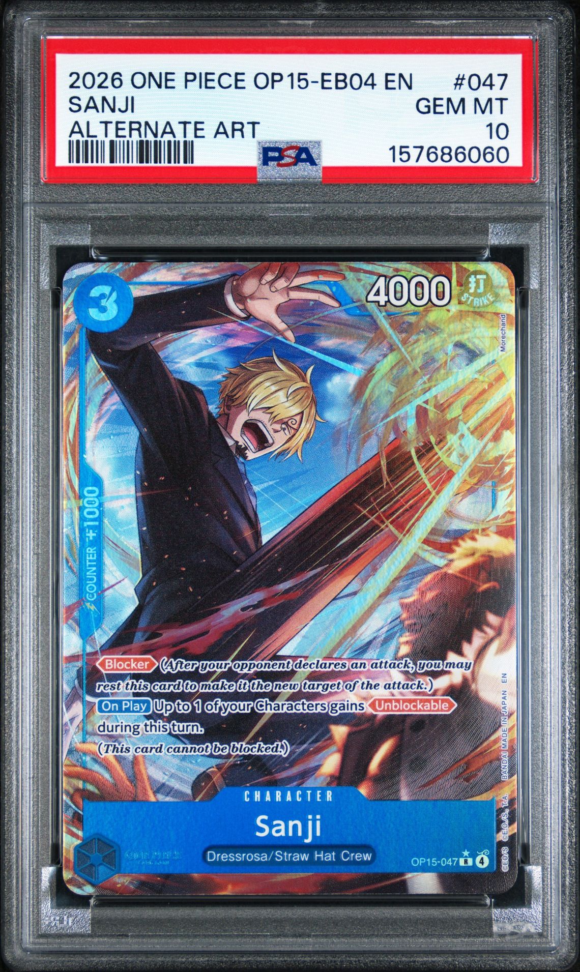 2026 One Piece Op15-Eb04-Adventure On Kami's Island Sanji #047 (Alternate Art) Gem Mt 10 front