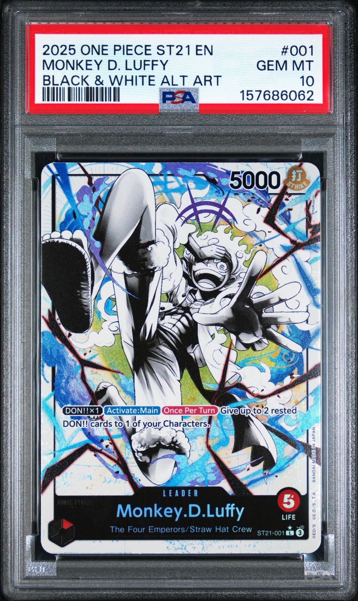 2025 One Piece Starter Deck St21-Ex Gear 5 Monkey D. Luffy #001 (Black & White Alt Art) Gem Mt 10 front view - PSA graded GEM MT 10