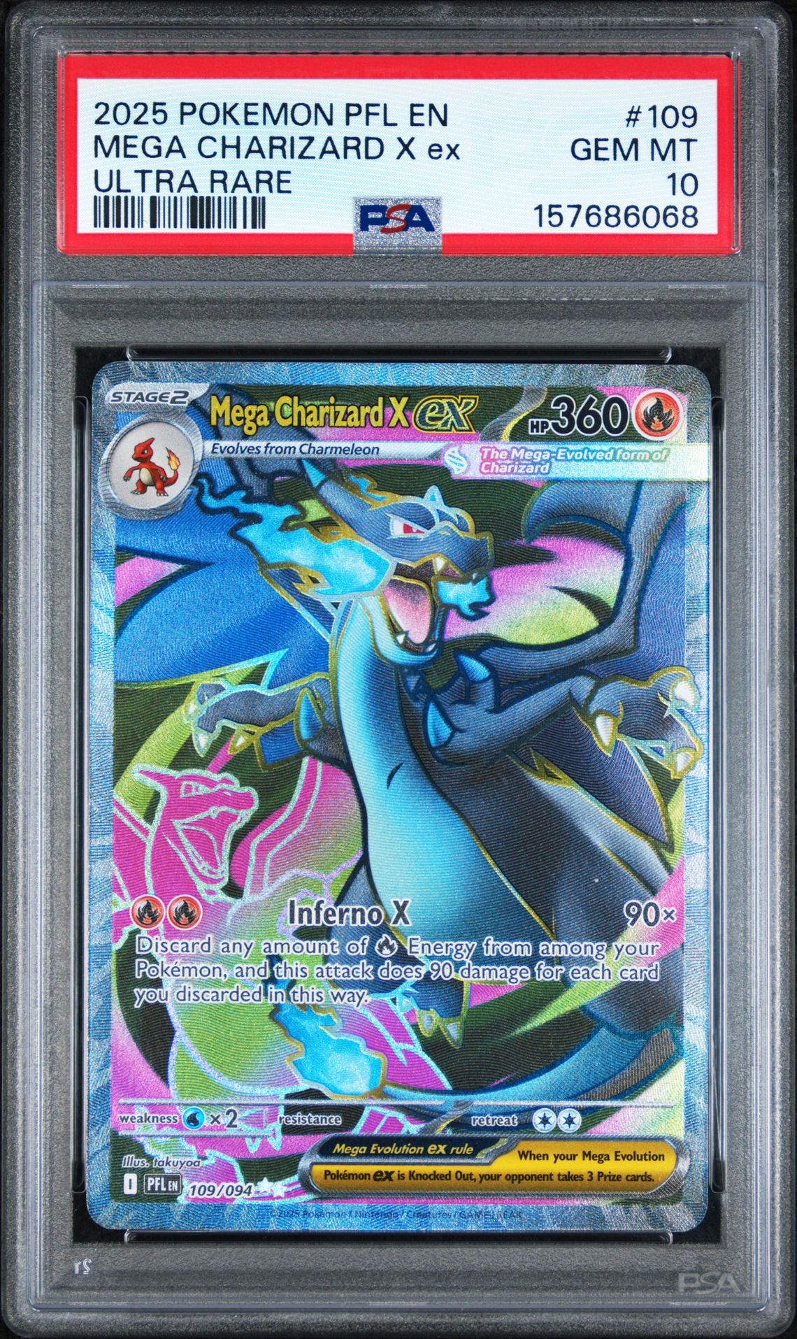 2025 Pokemon Pfl En-Phantasmal Flames Mega Charizard X Ex #109 (Ultra Rare) Gem Mt 10 front view - PSA graded GEM MT 10