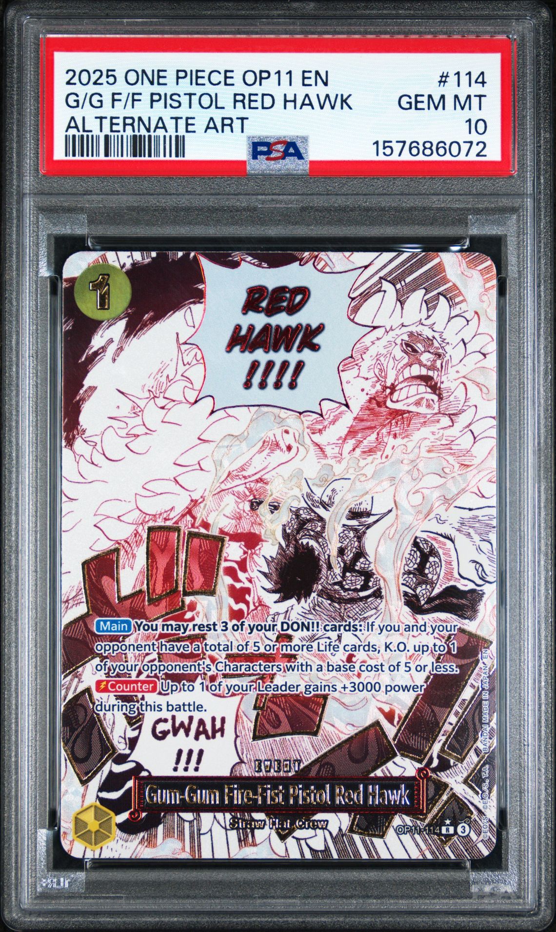 2025 One Piece Op11-A Fist Of Divine Speed G/G F/F Pistol Red Hawk #114 (Alternate Art) Gem Mt 10 front