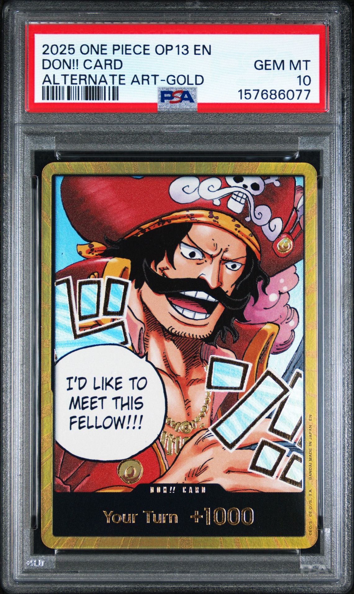 2025 One Piece Op13-Carrying On His Will Don!! Card (Alternate Art-Gold) Gem Mt 10 front view - PSA graded GEM MT 10