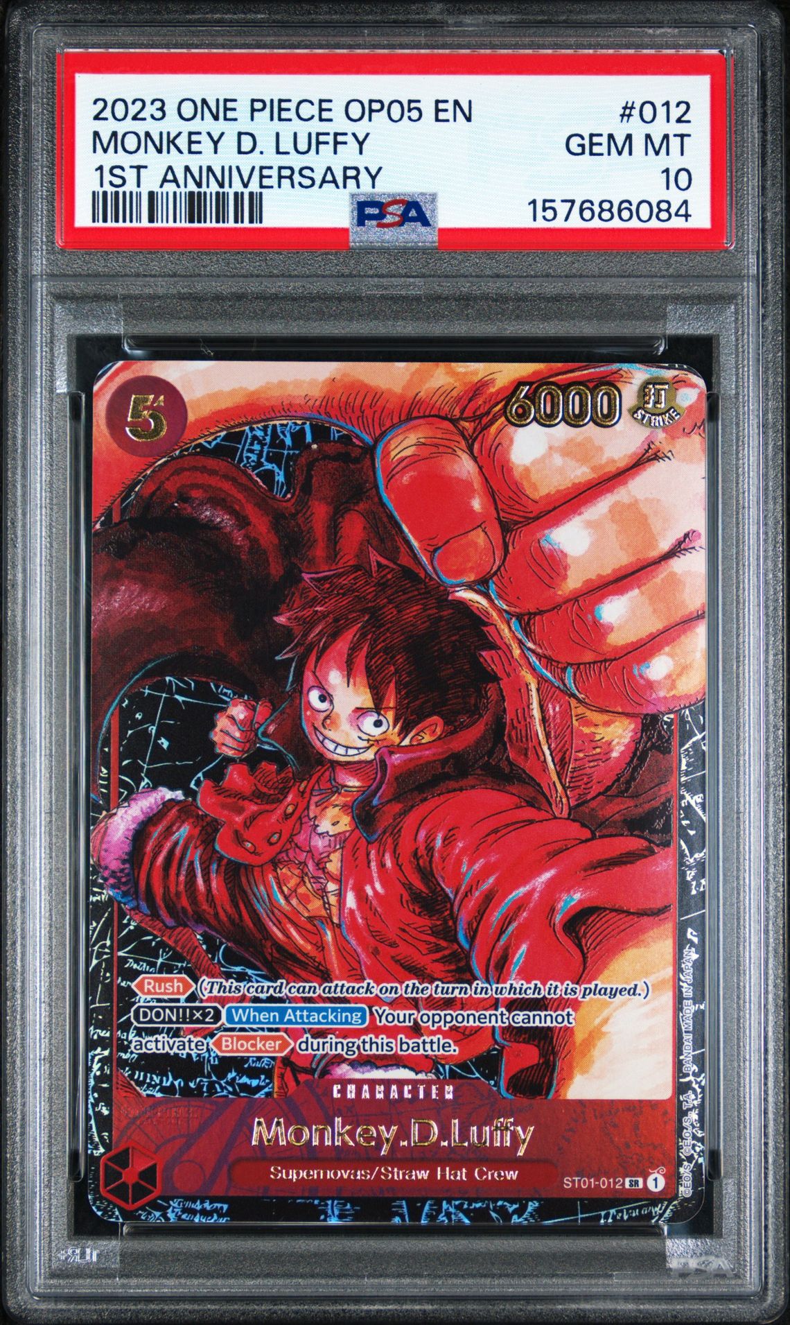 2023 ONE PIECE OP05-AWAKENING OF THE NEW ERA MONKEY D. LUFFY 1ST ANNIVERSARY 012 GEM MT 10 front