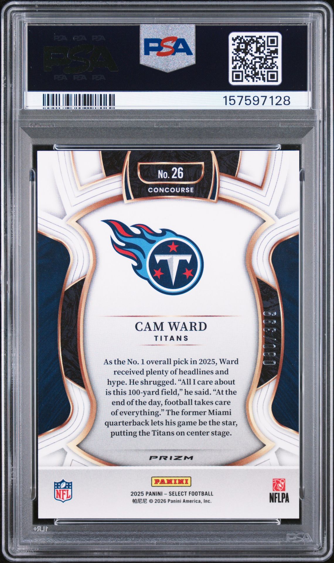 2025 Panini Select Cam Ward #26 (Tri-Color Prizm) Gem Mt 10 back view - PSA certificate #157597128