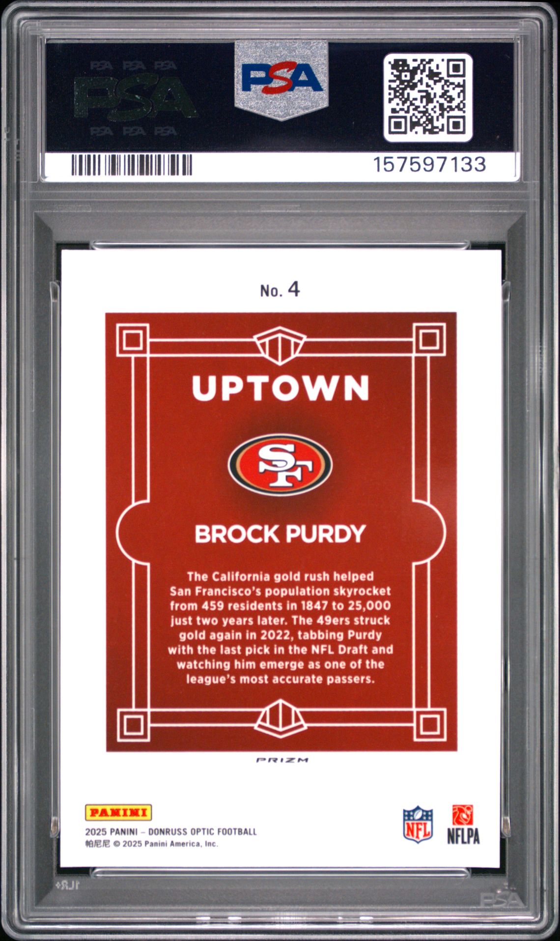 2025 Panini Donruss Optic Uptown Brock Purdy #4 Mint 9 back