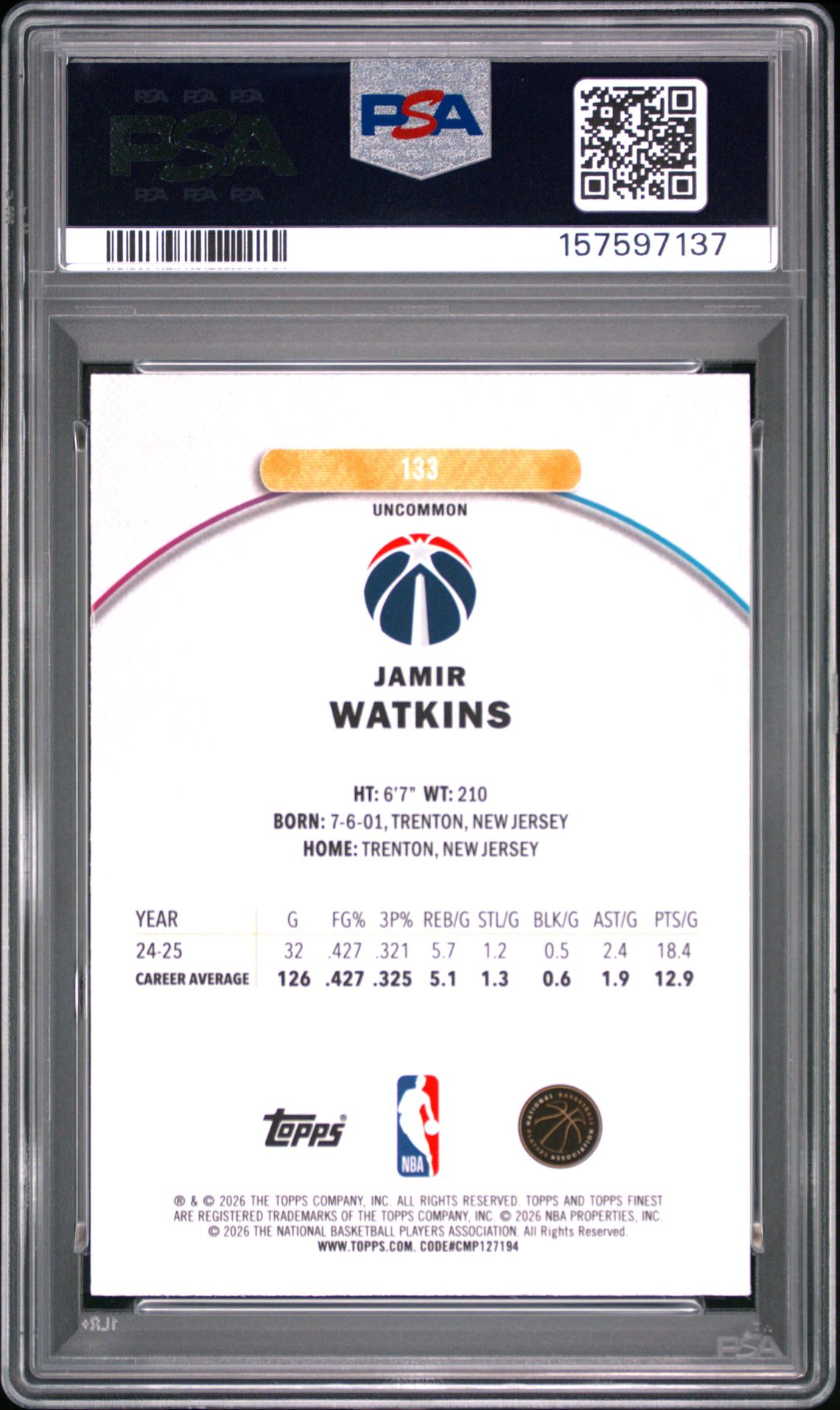 2025 Topps Finest Jamir Watkins #133 (Purple Refractor) Gem Mt 10 back