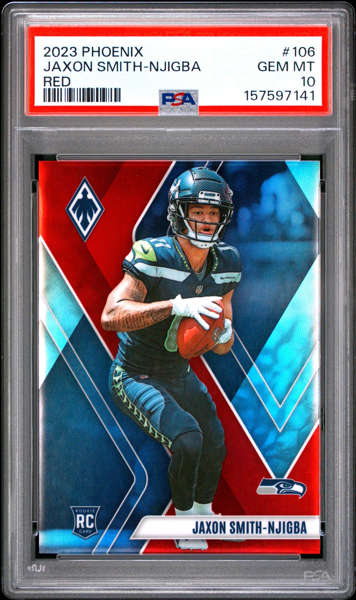 2023 Panini Phoenix Jaxon Smith-Njigba #106 (Red) Gem Mt 10 front view - PSA graded GEM MT 10