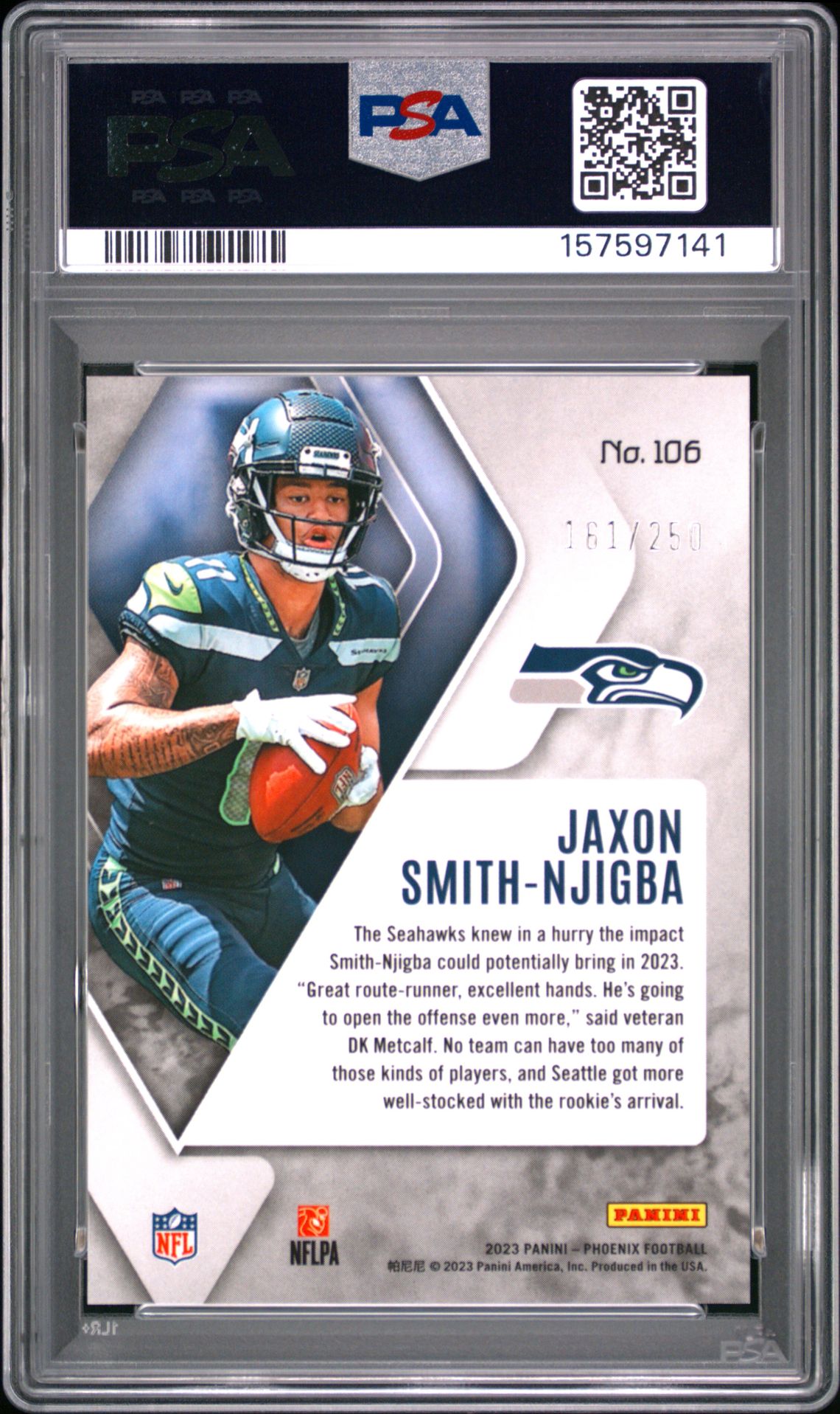2023 Panini Phoenix Jaxon Smith-Njigba #106 (Red) Gem Mt 10 back view - PSA certificate #157597141